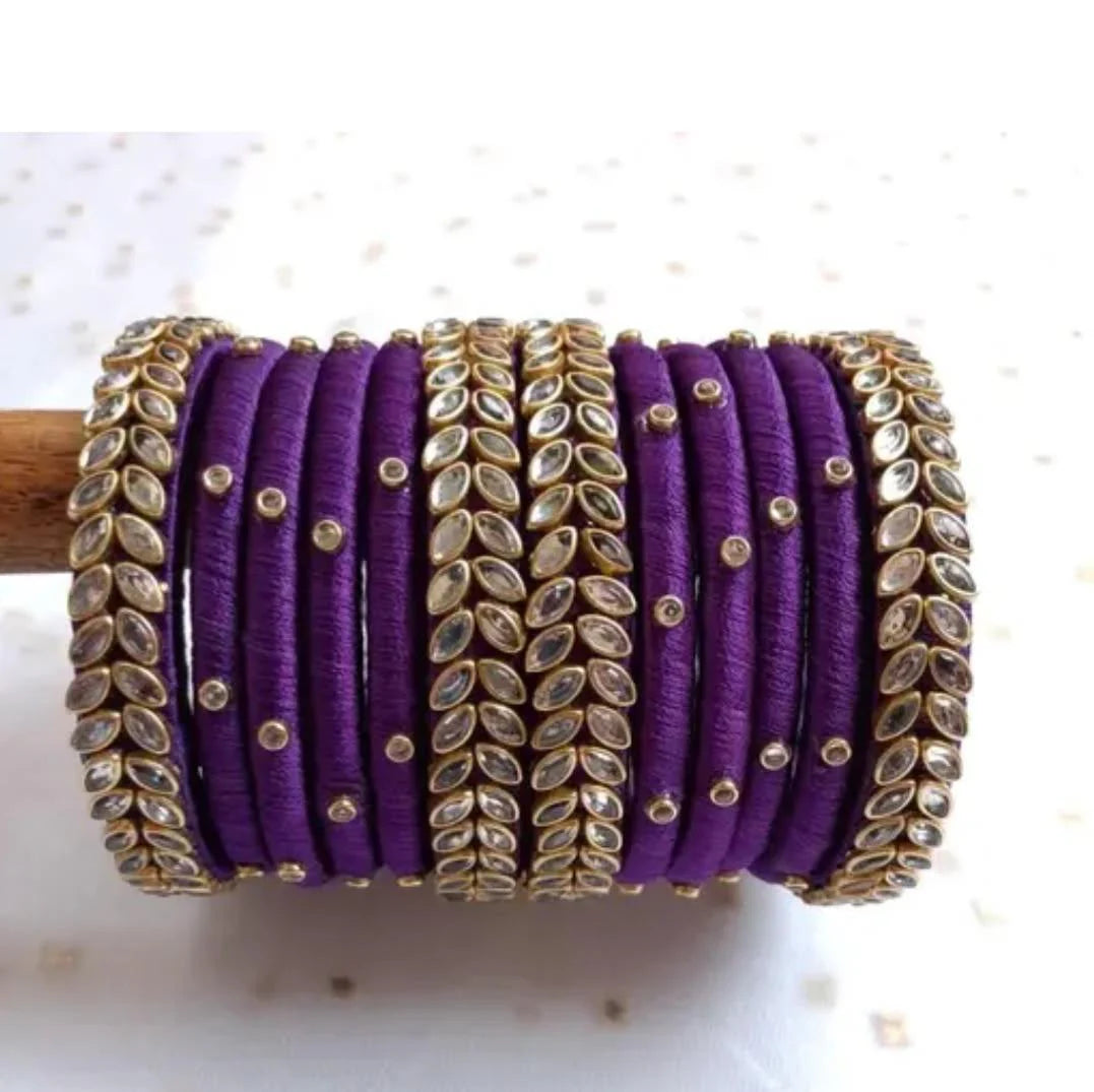 Women's Purple Silk Thread Kundan Bangle Set