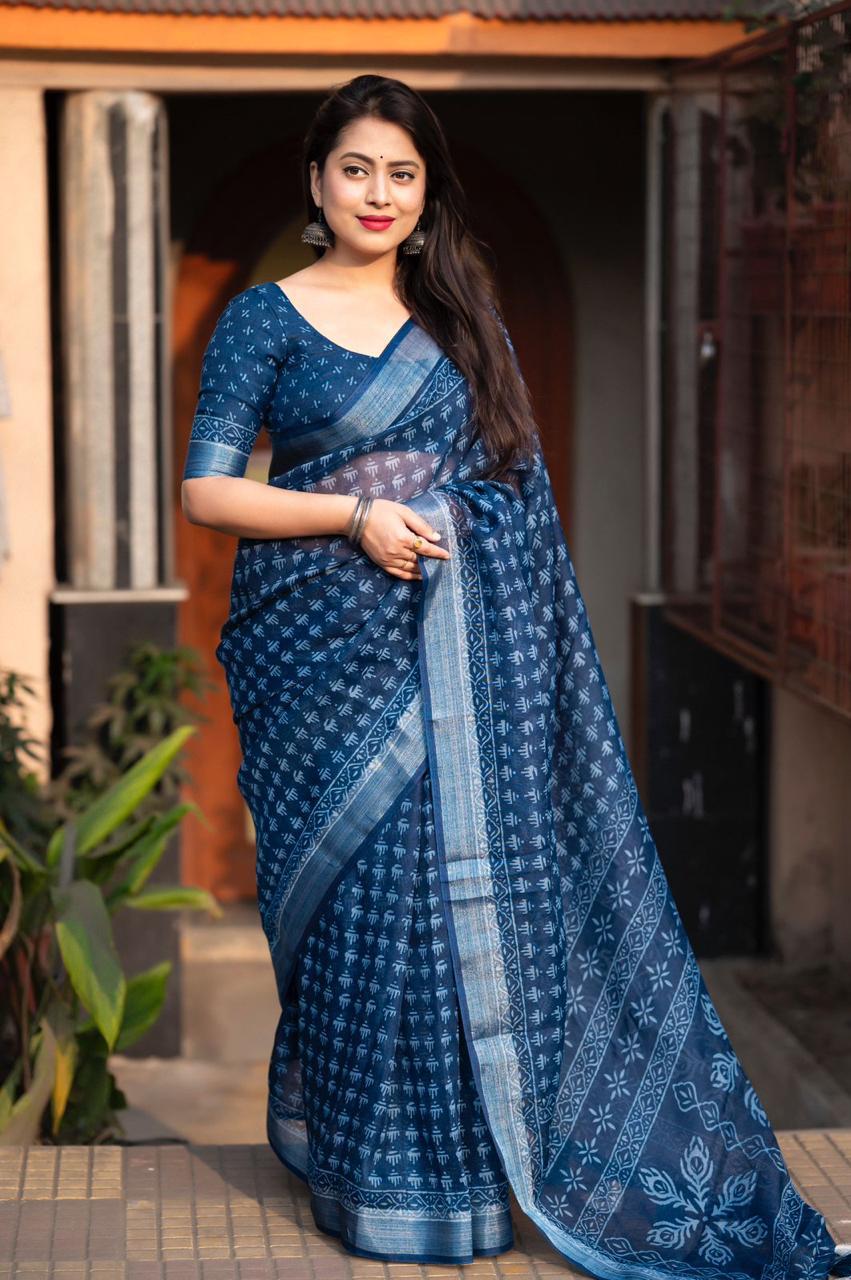 Women's Blue Soft Linen By Linen Saree With Blouse