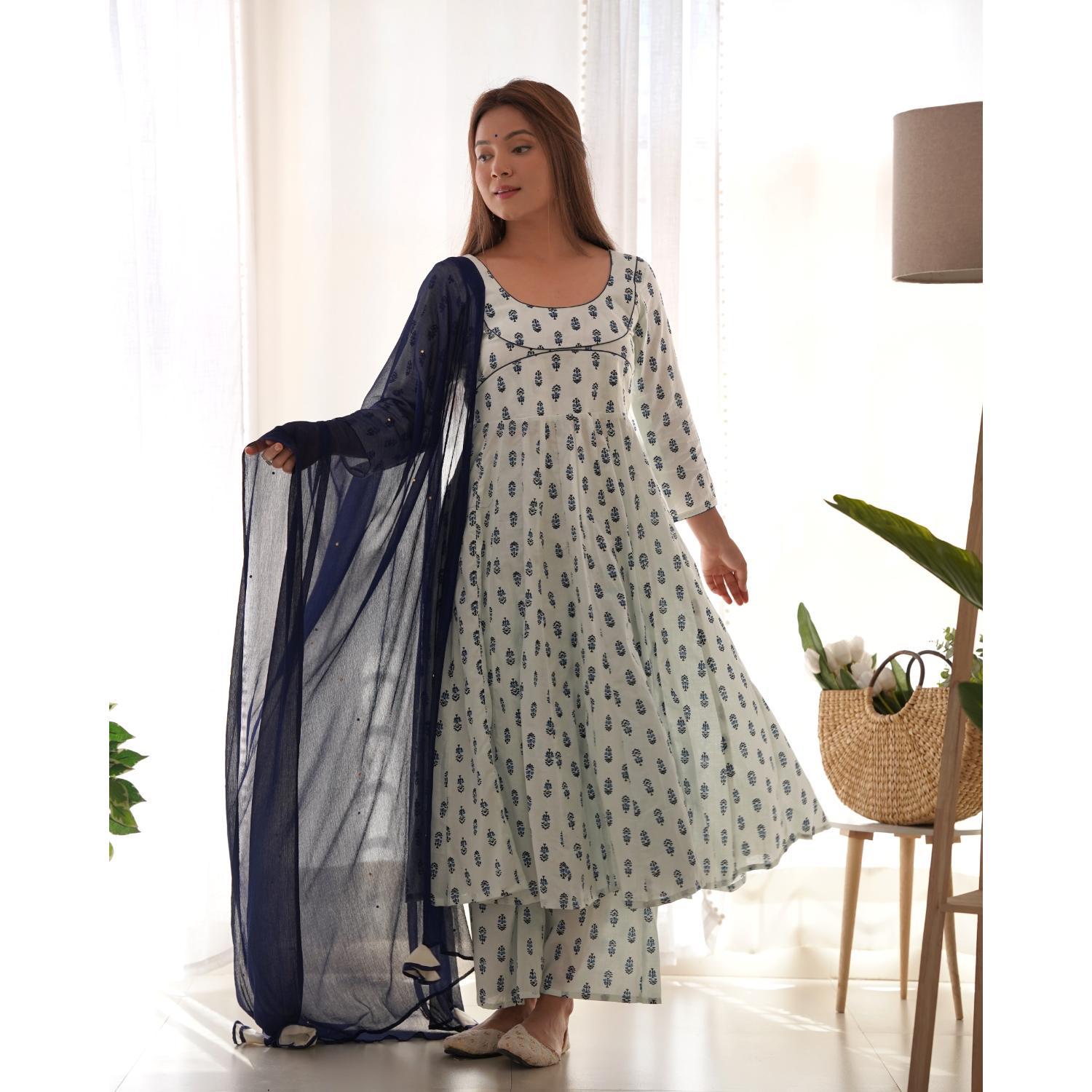 Women's White Handblock Anarkali Palazzo Set With Dupatta