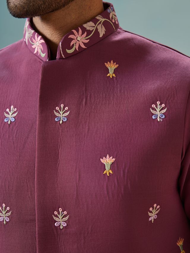 Men's Dusty Purple Viscose Silk Multi Thread With Sequence Embroidered Work Kurta Set