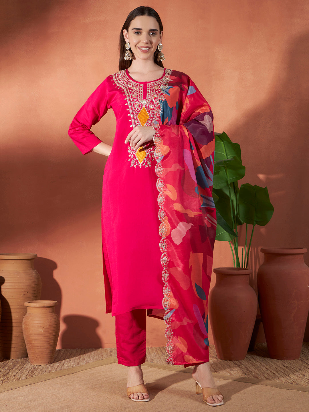 Women's Rani Roman Mall Embroidery Work Kurta Set