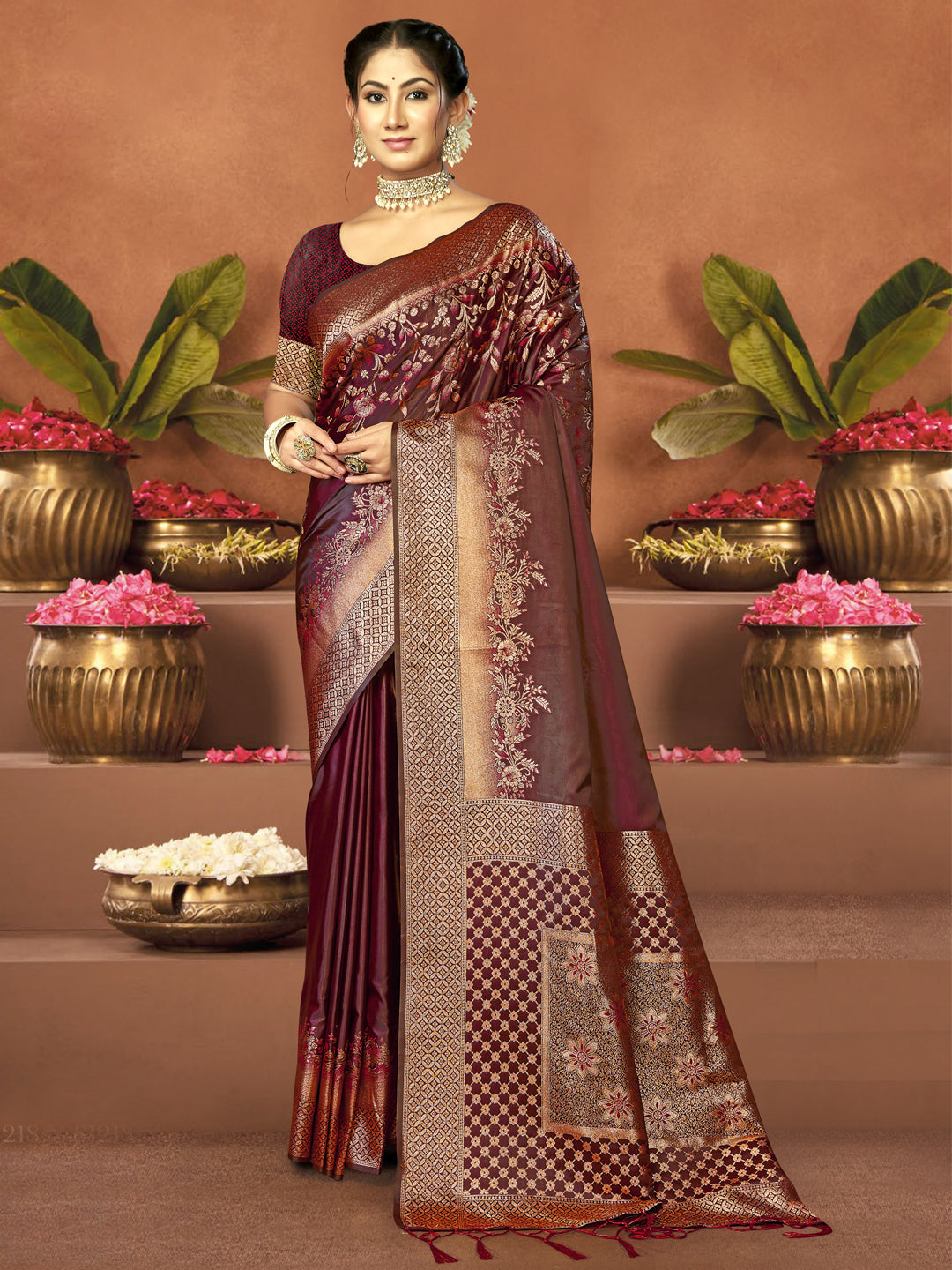 Women Maroon Satin Silk Saree With Un Stitched Blouse | NOZ2TOZ - Made In INDIA.