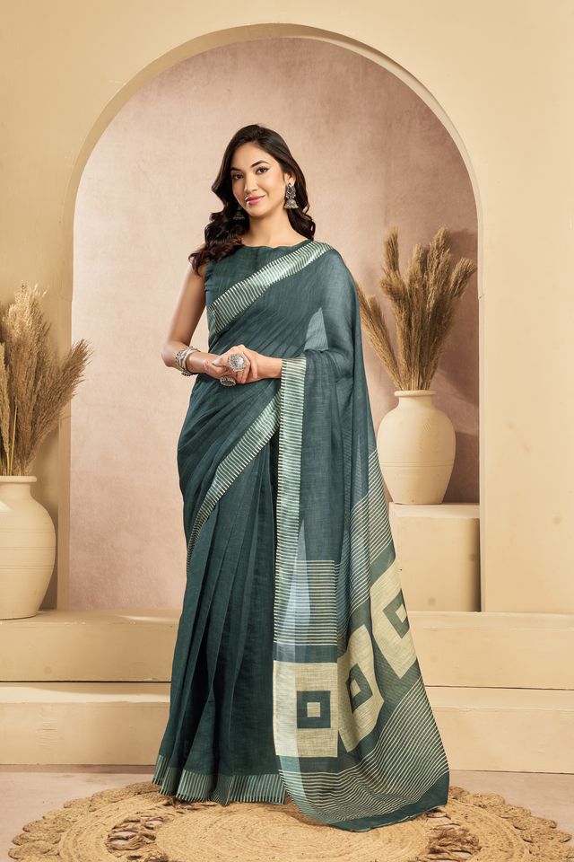 Women's Dark Army Green Linen Printed Saree