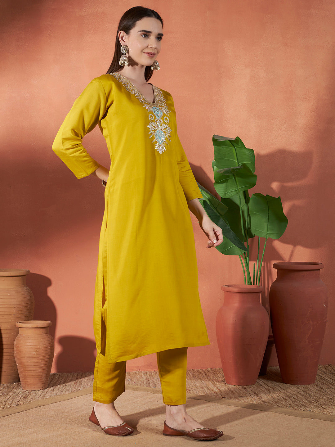 Women's Yellow Viscos Rayon Embroidery Work Kurta Set