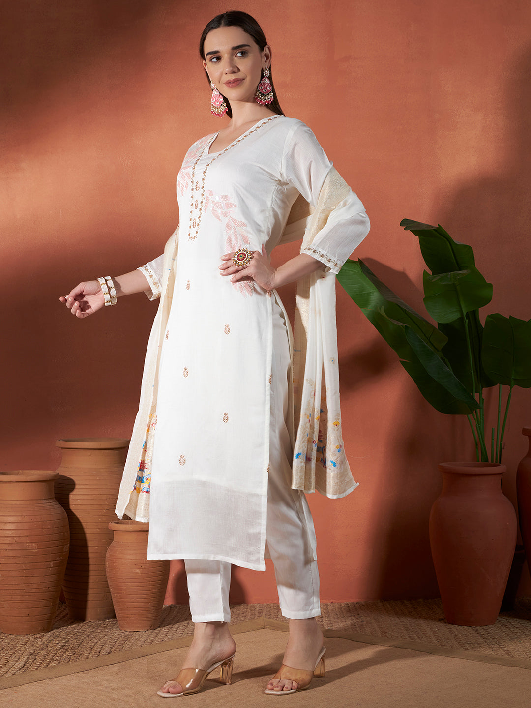 Women's White Vertigan Hand Work (Mashion) Kurta Set