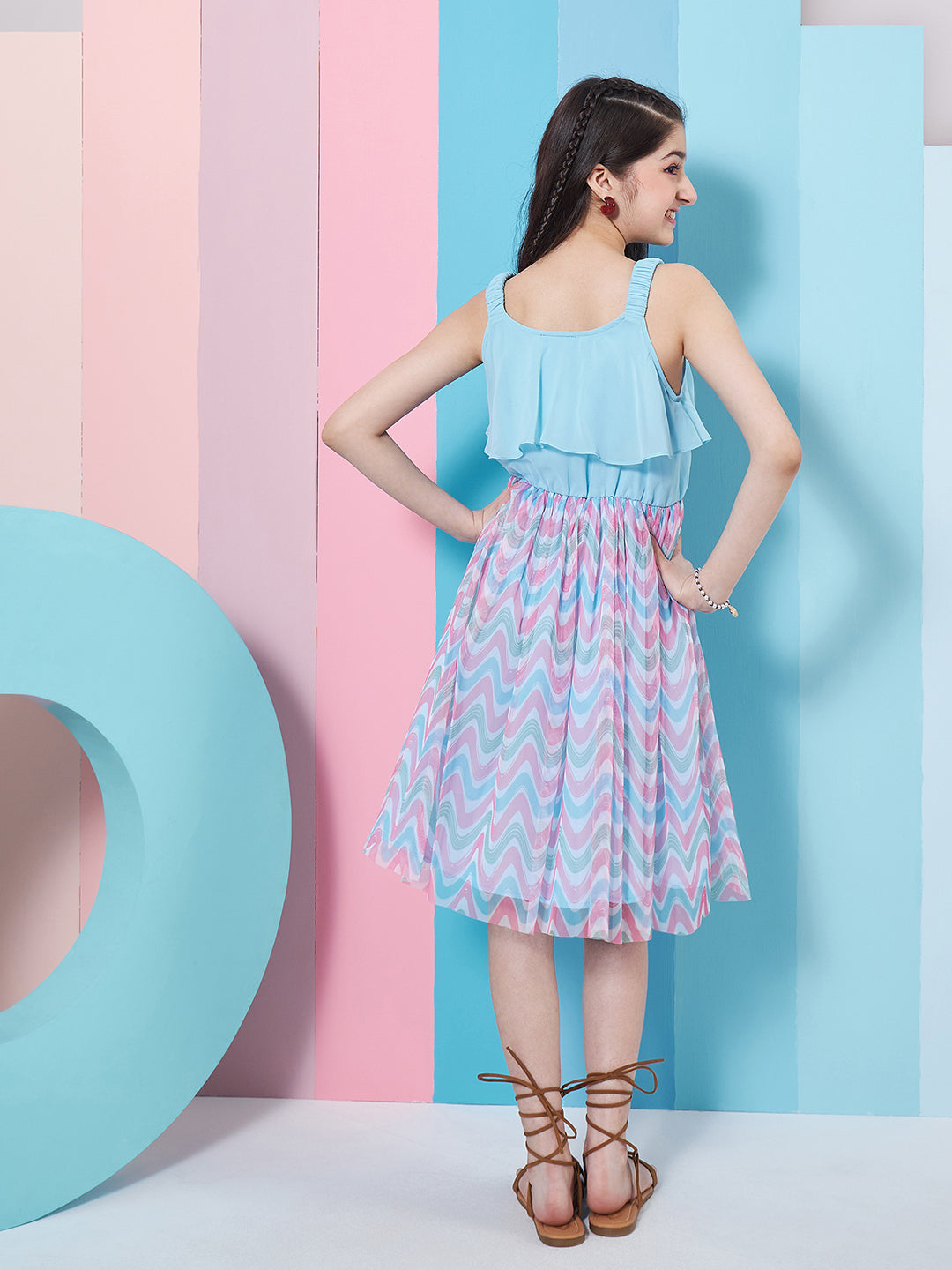 Girls Geometric Printed Georgette Fit Flare Dress