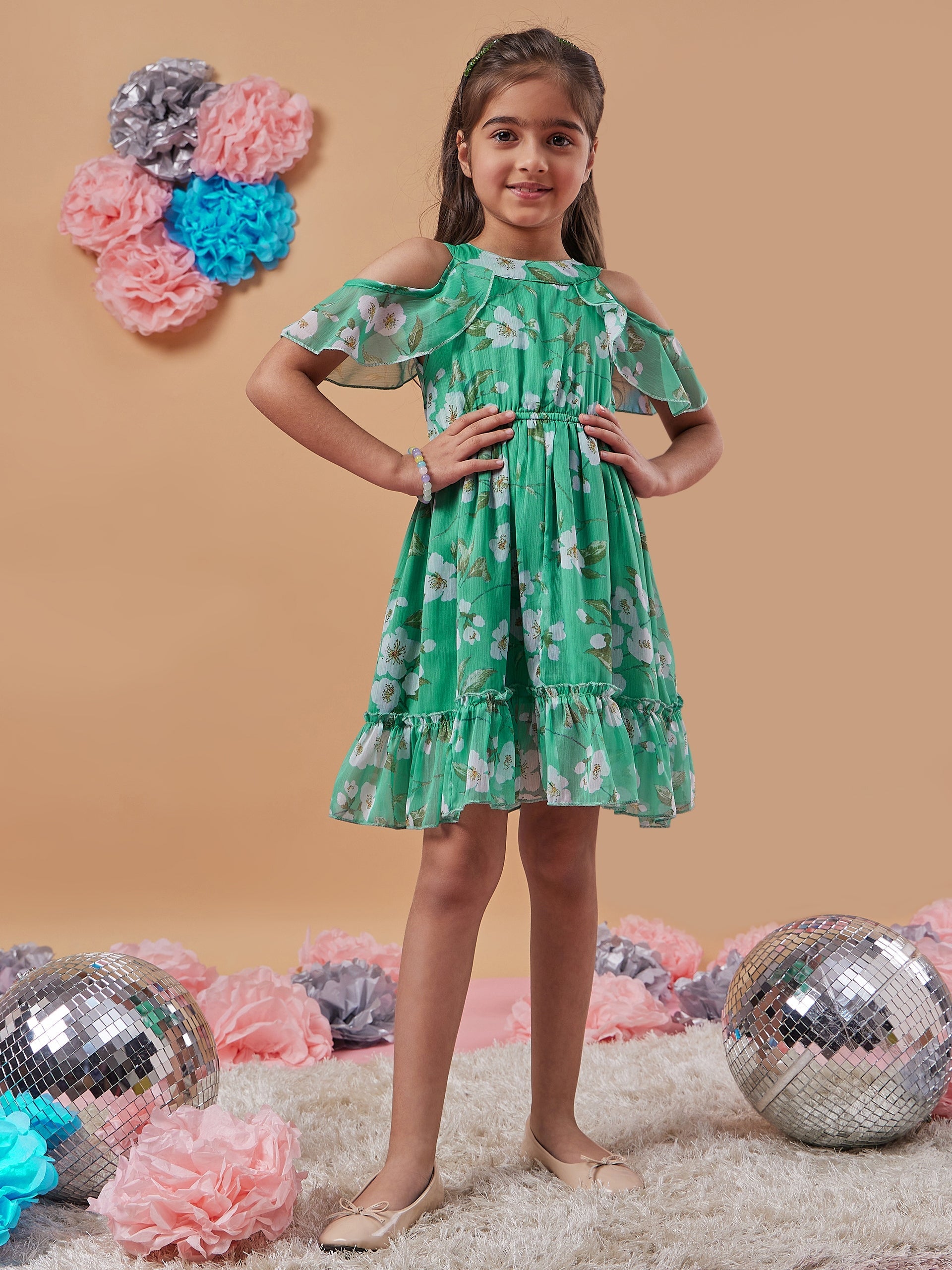 Girls Floral Printed Cold-Shoulder Sleeves Fit Flare Dress