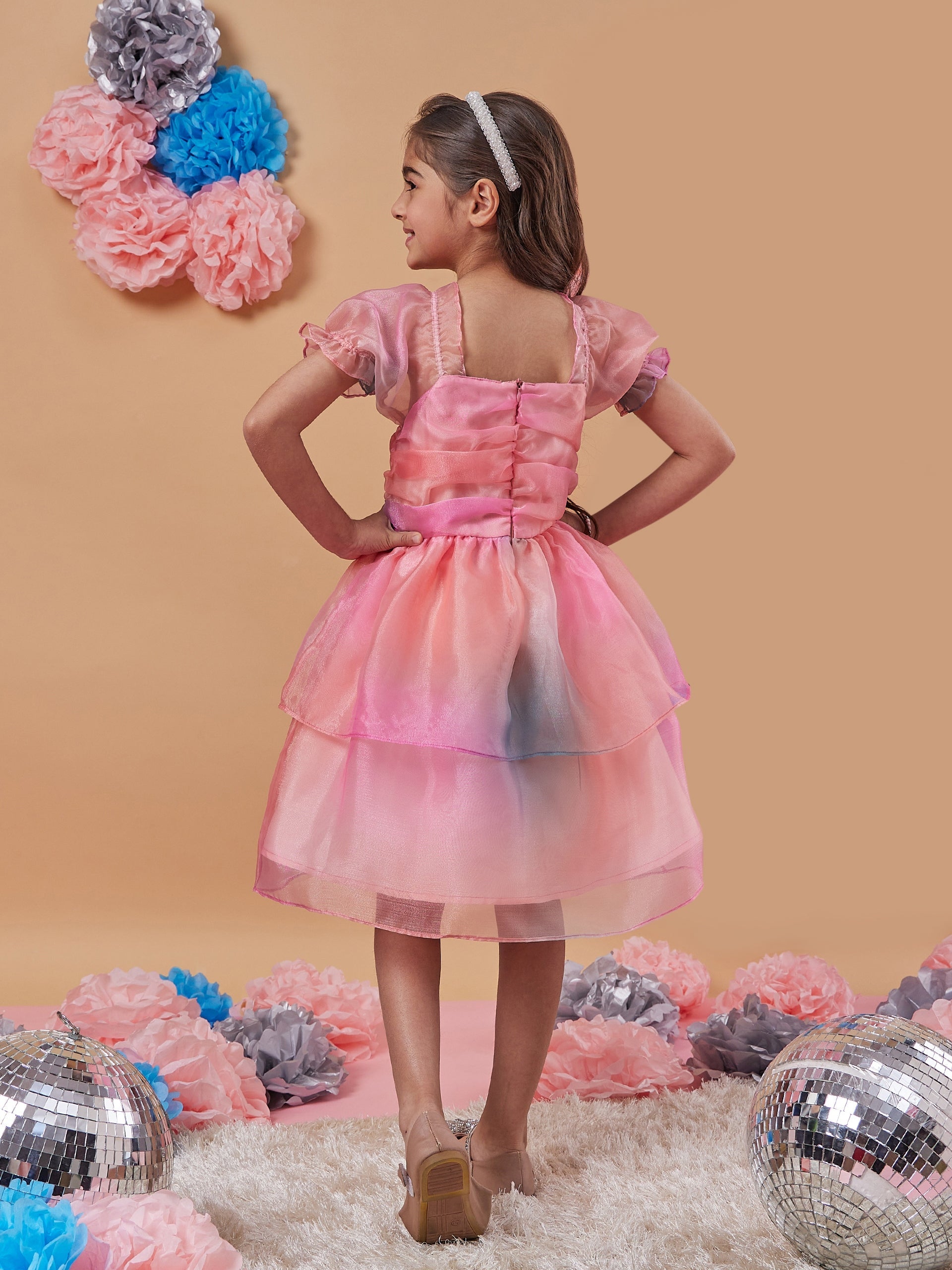 Girls Square Neck Short Puff Sleeves Fit Flare Dress