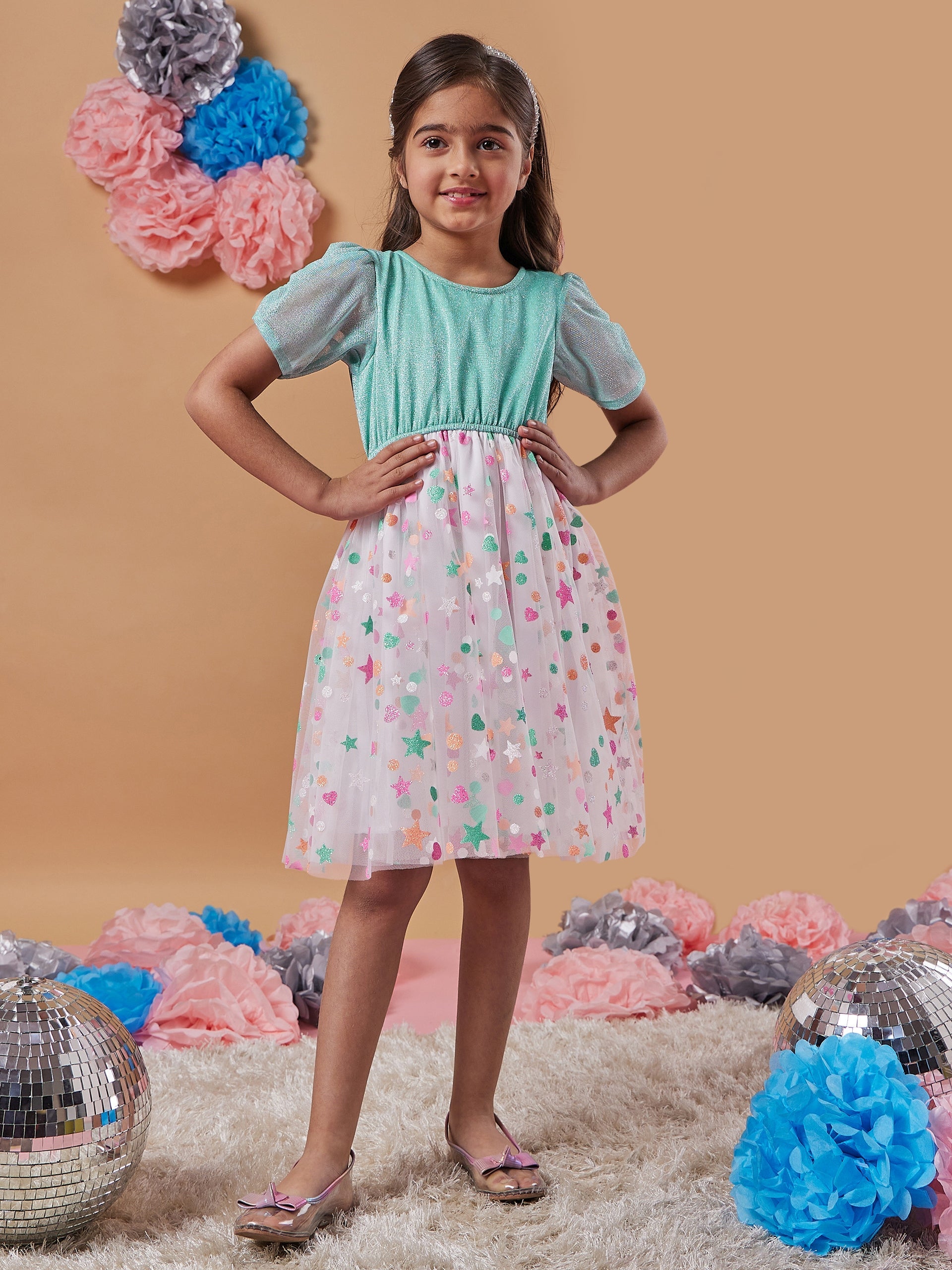 Girls Polka Dot Printed Net A-Line Dress