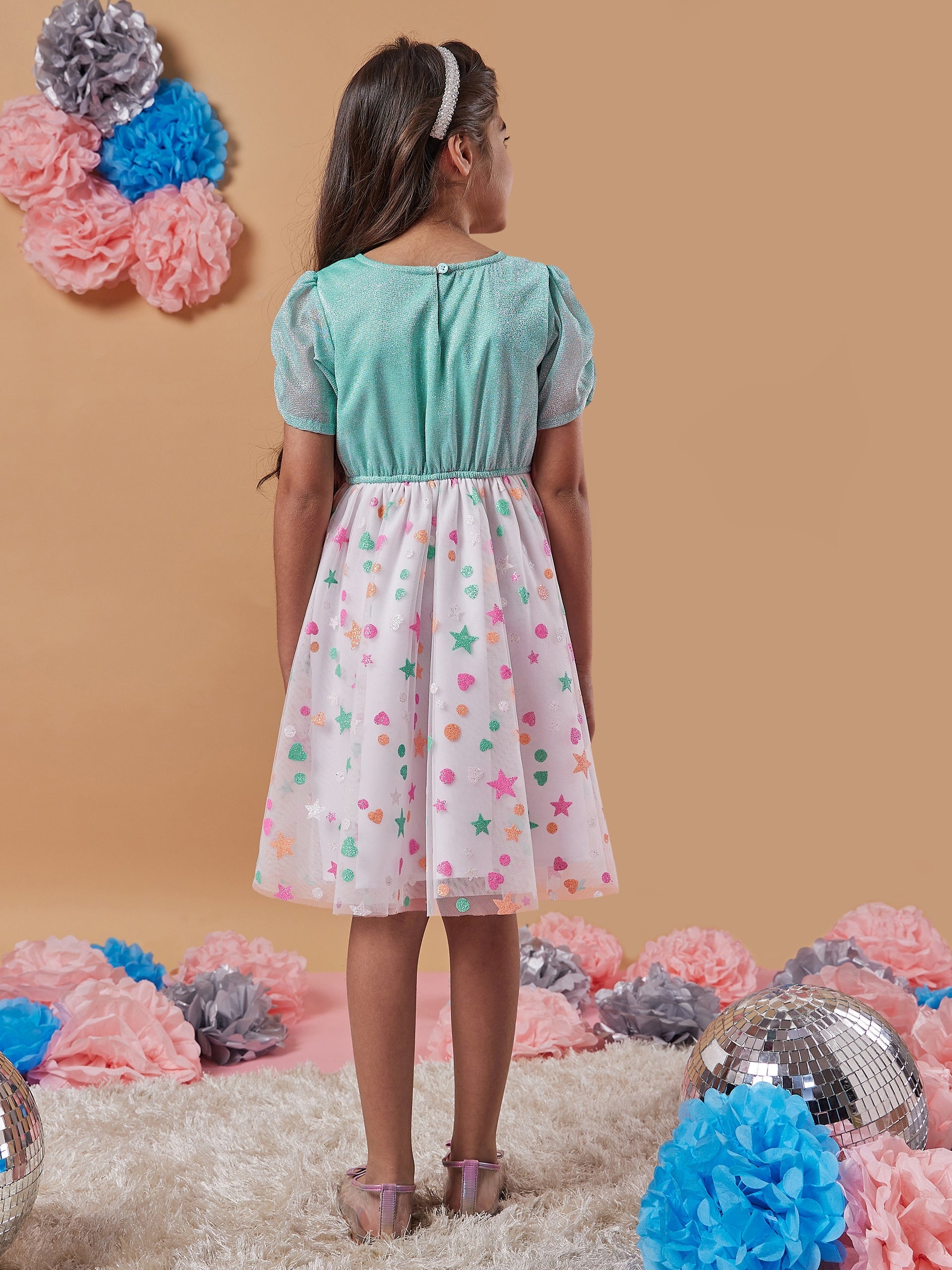 Girls Polka Dot Printed Net A-Line Dress