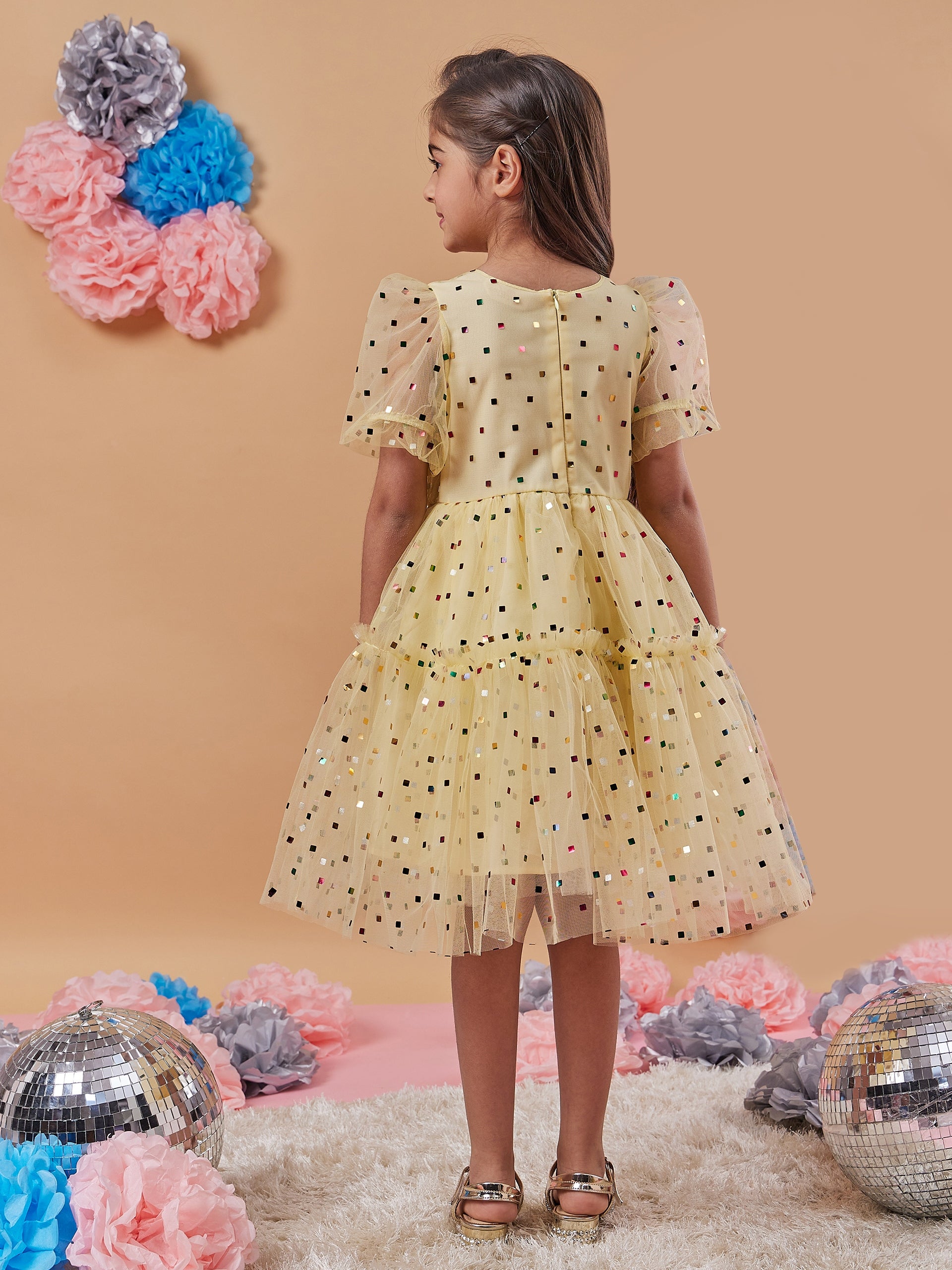 Girls Embellished Puff Sleeves Fit Flare Dress