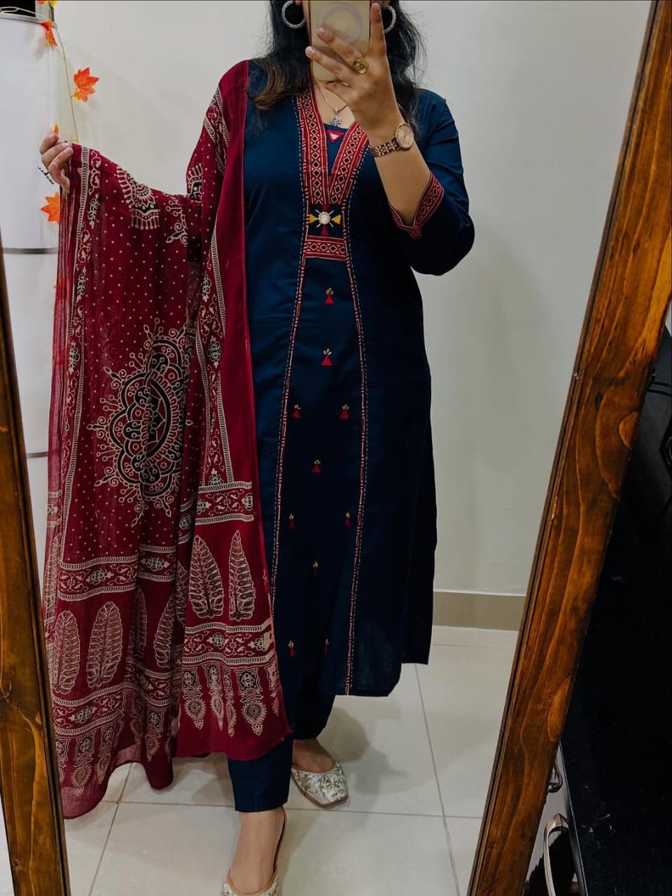 Women's Floral Embroidered Navy Blue Pure Cotton Kurta Set With Trouser & Printed Dupatta