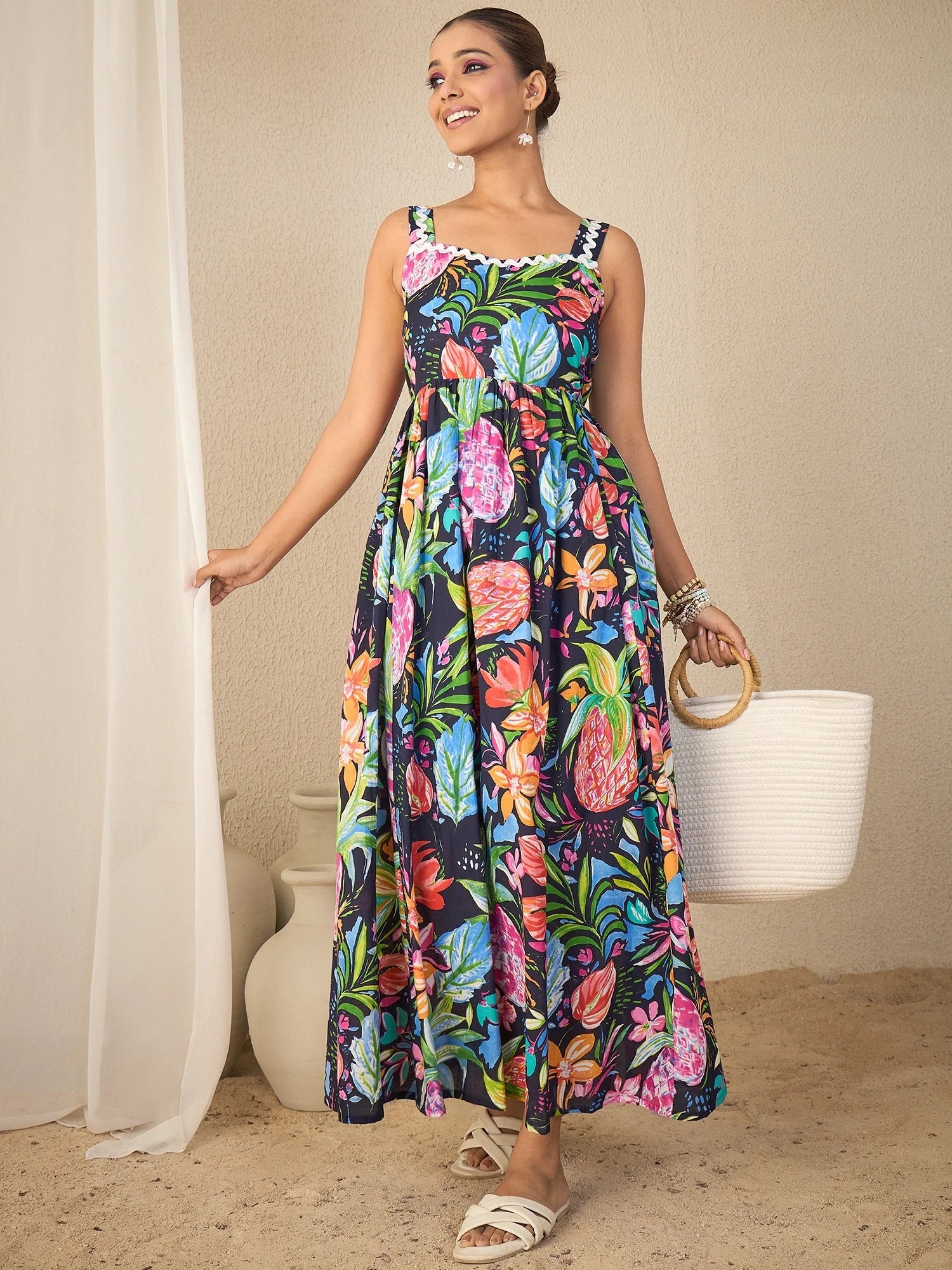 Women's Tropical Print Cotton Flared Strappy Dress
