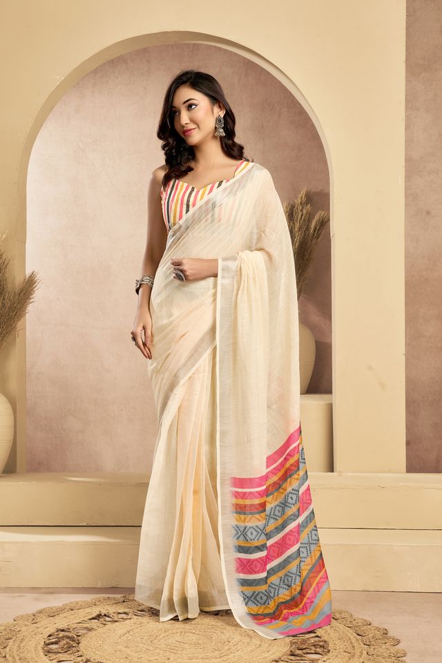 Women's Cream Linen Printed Saree
