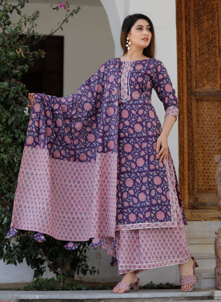 Women's Grape Violet Hand Block Printed Kurta And Rose Pink Palazzo With Dupatta