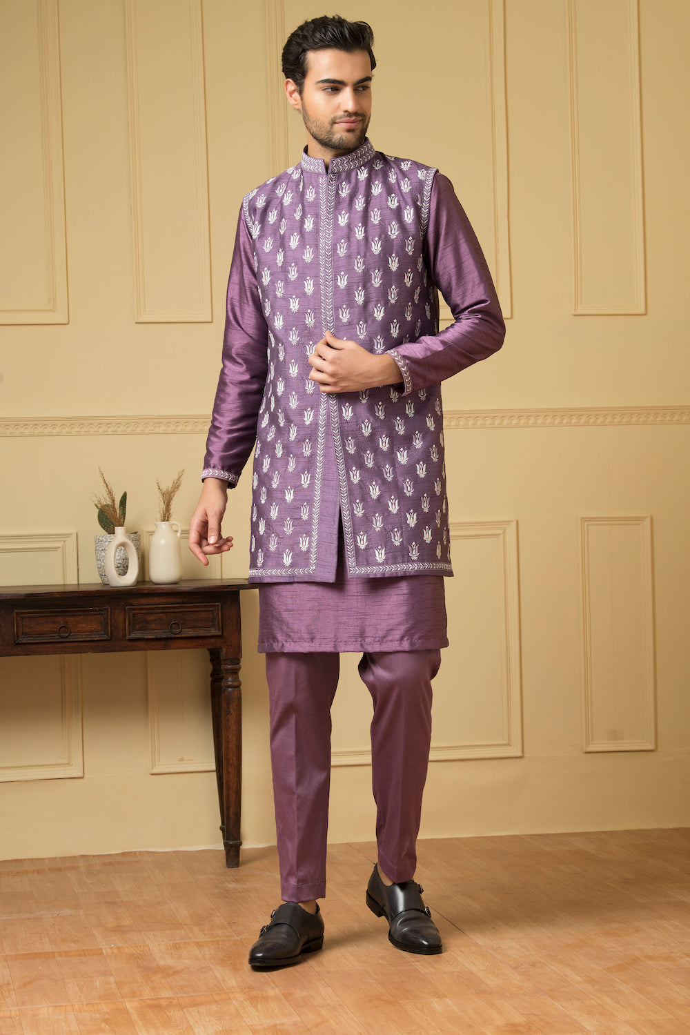 Men's Purple Embroidered Nehru Jacket And Kurta Set