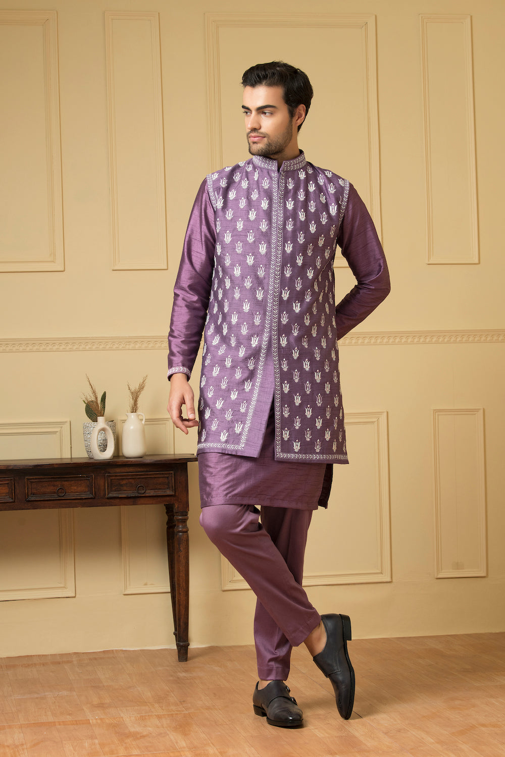 Men's Purple Embroidered Nehru Jacket And Kurta Set