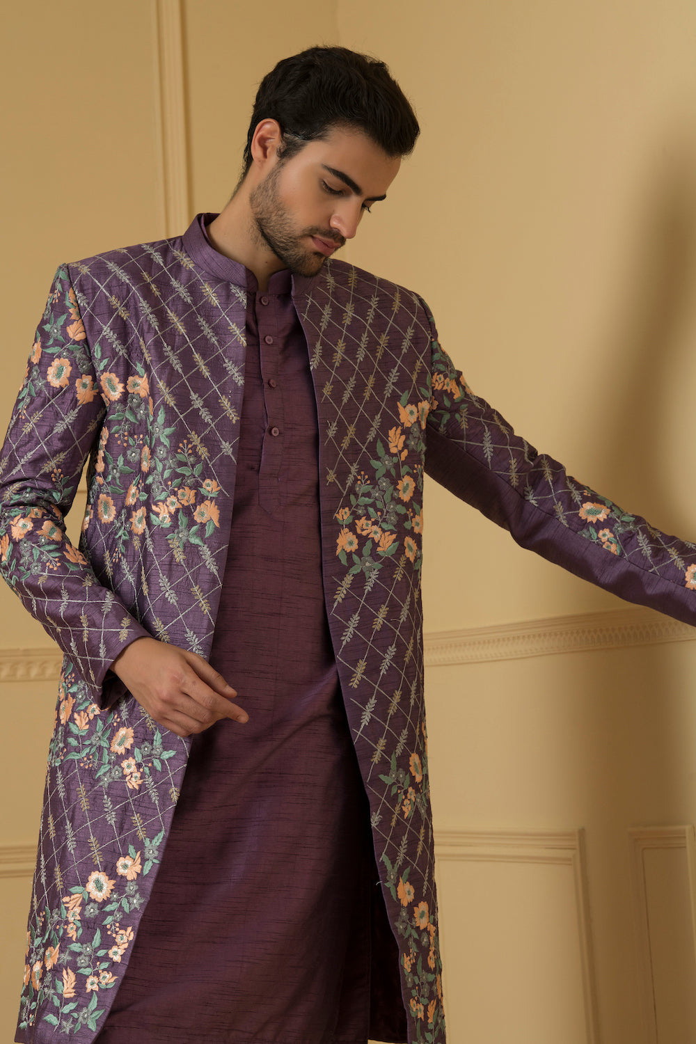 Men's Purple Embroidered Nehru Jacket Set