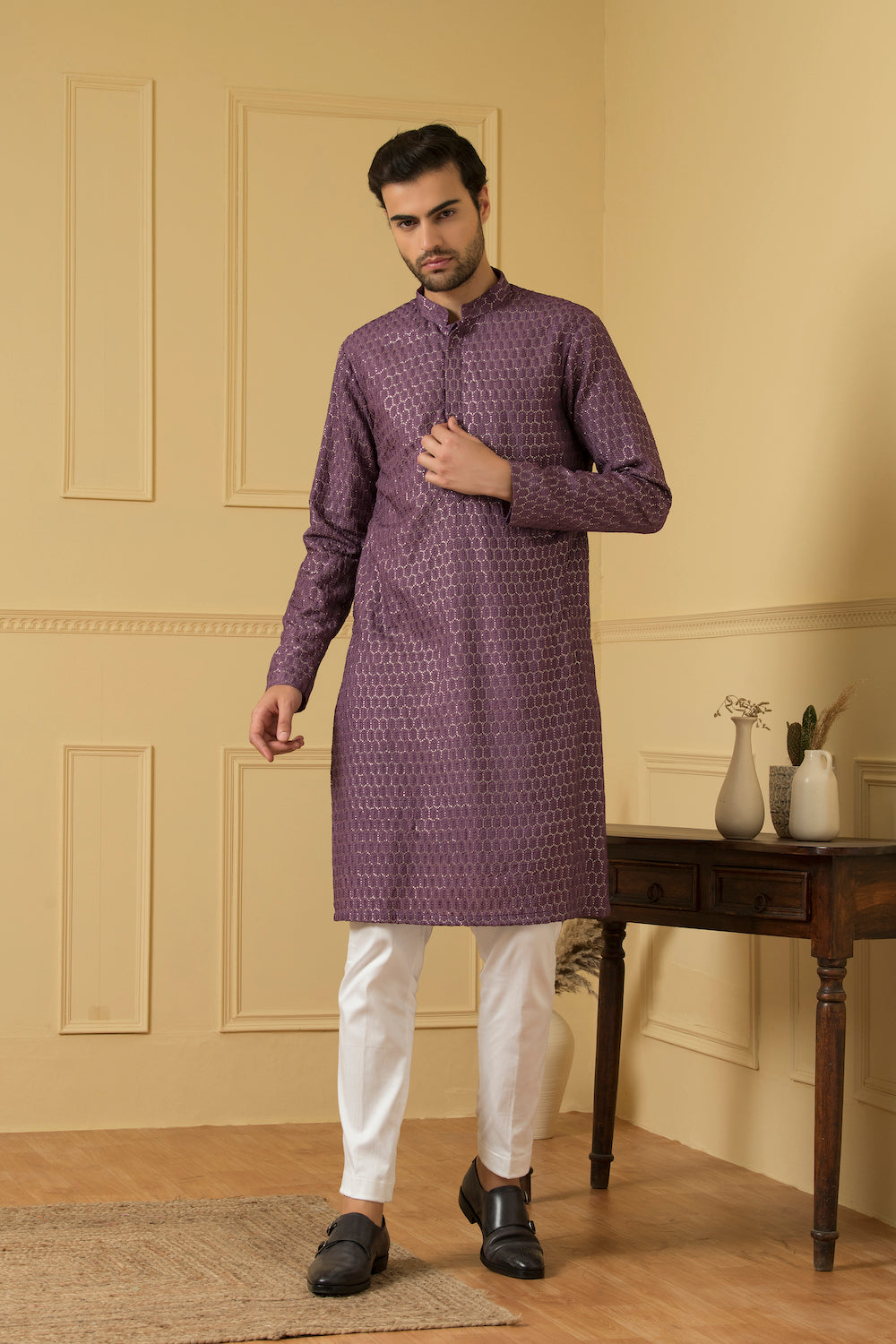 Men's Purple Lucknowi Threadwork Kurta