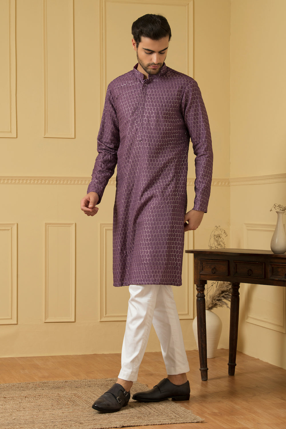 Men's Purple Lucknowi Threadwork Kurta