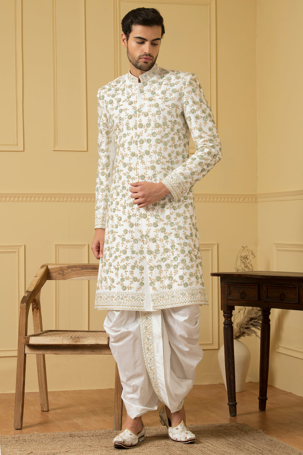 Men's Off White Embroidered Sherwani