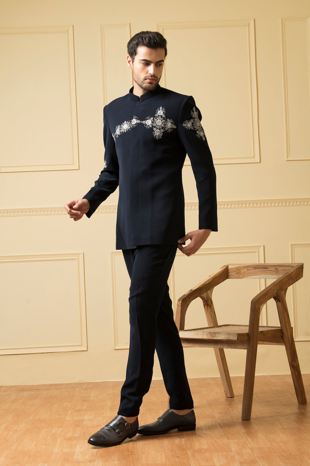 Men's Silver Zardozi Embroidery Blue Bandhgala Set