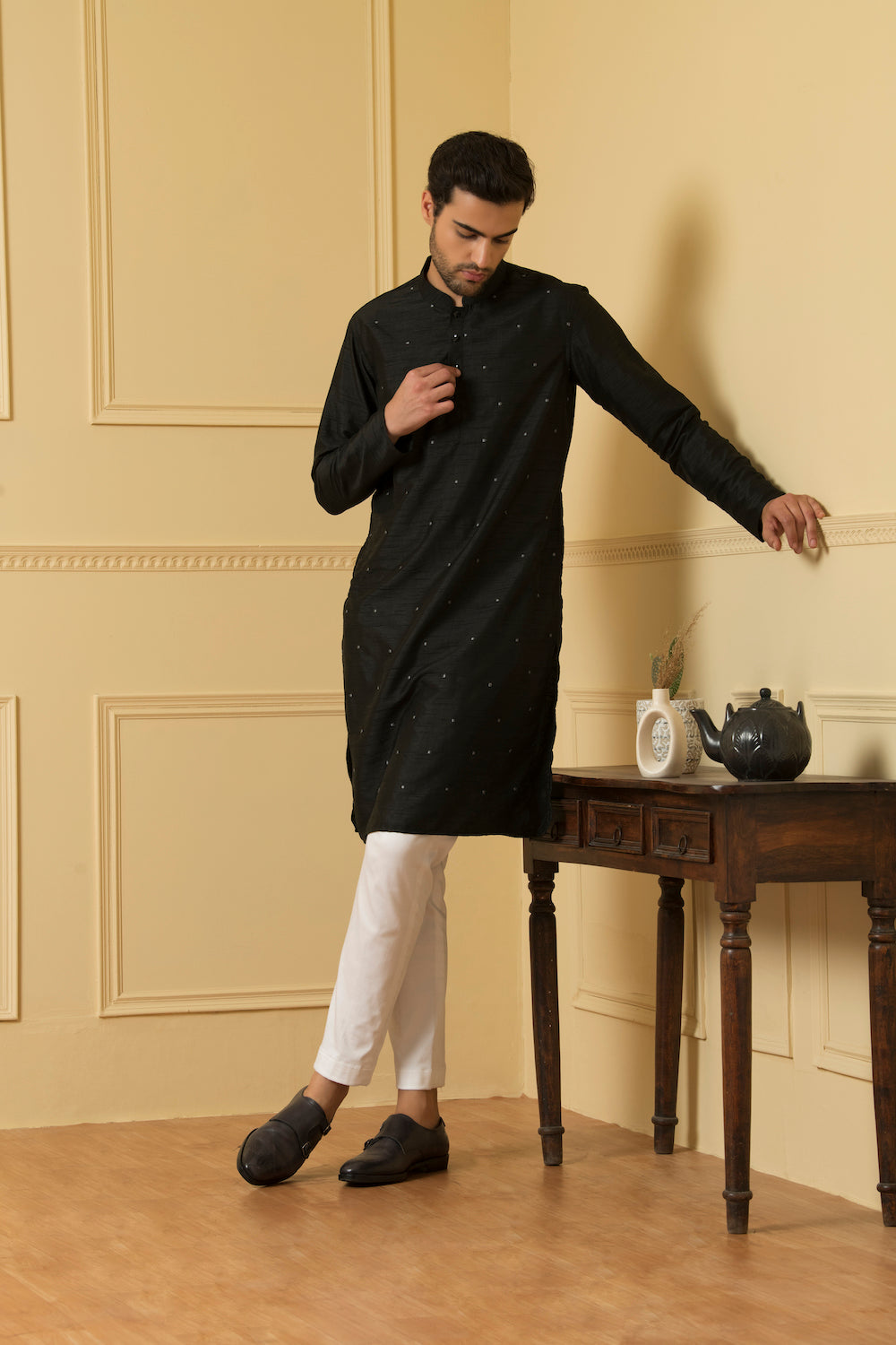 Men's Black Dot Embroidered Kurta
