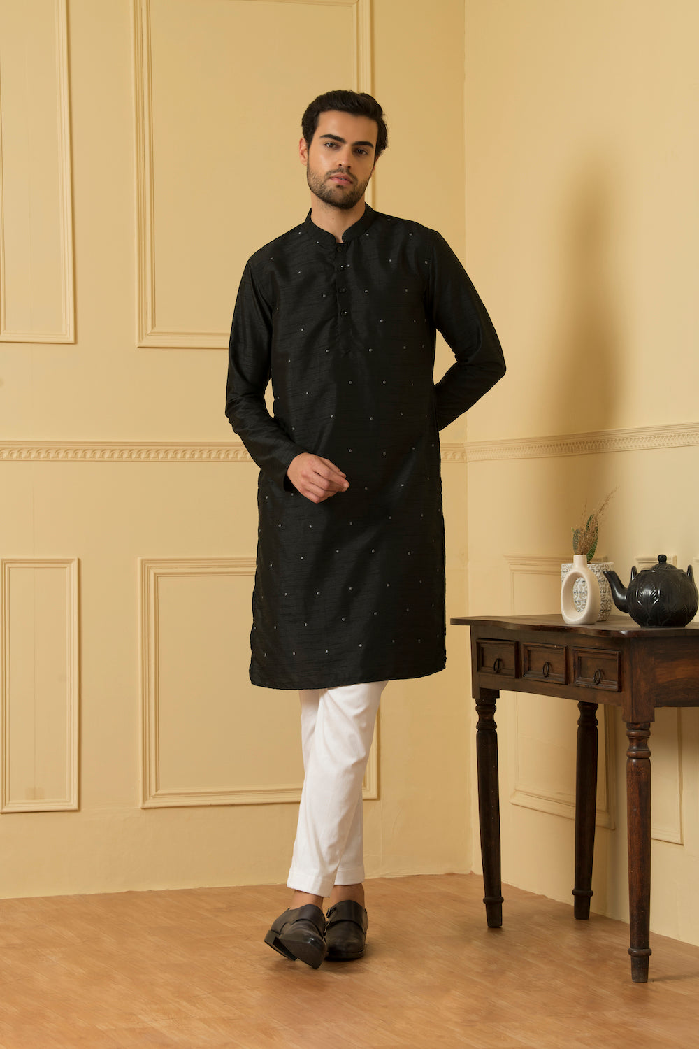 Men's Black Dot Embroidered Kurta