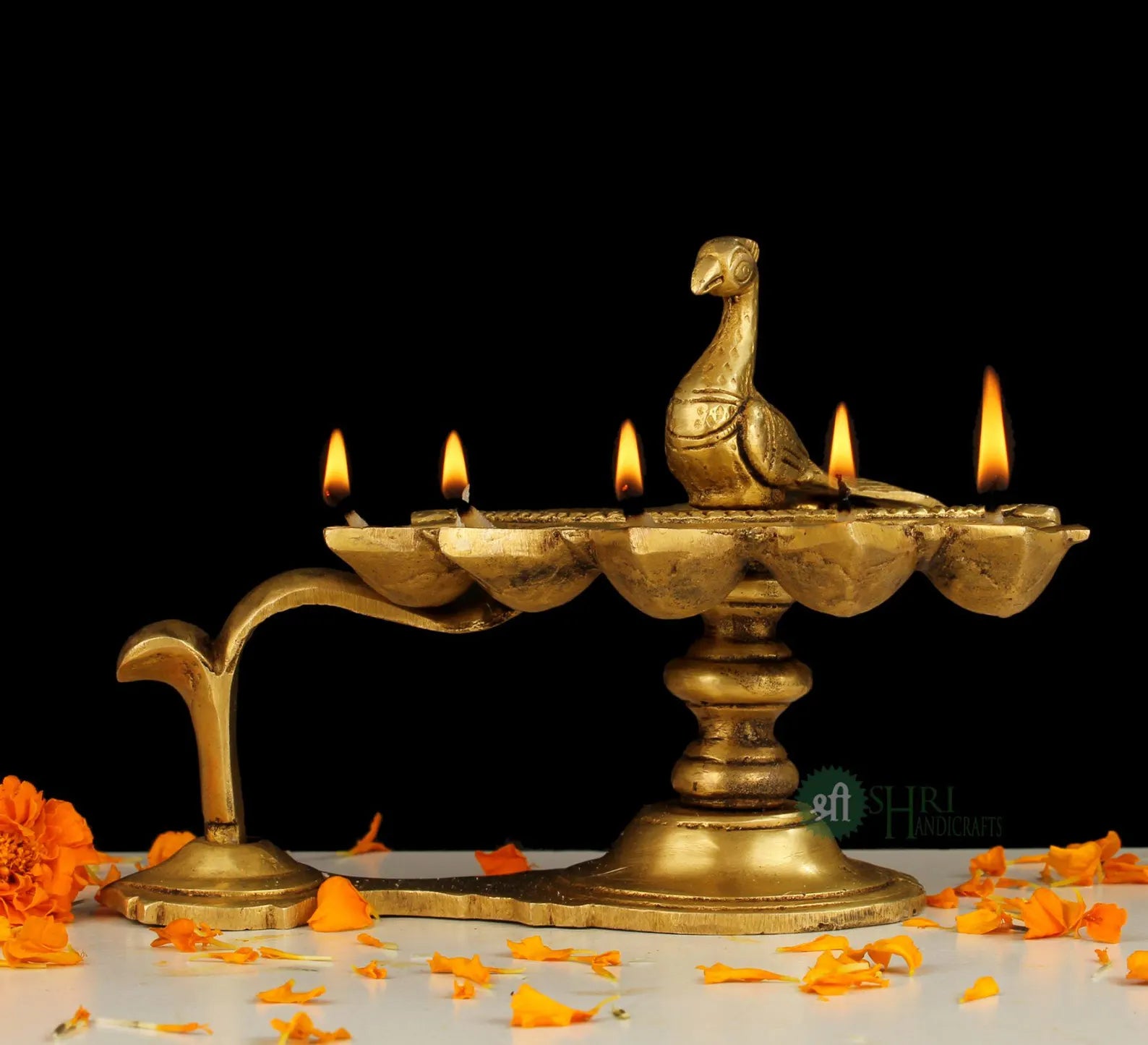 Brass Deepak Oil Lamp: 5-Wick Traditional Puja Decor
