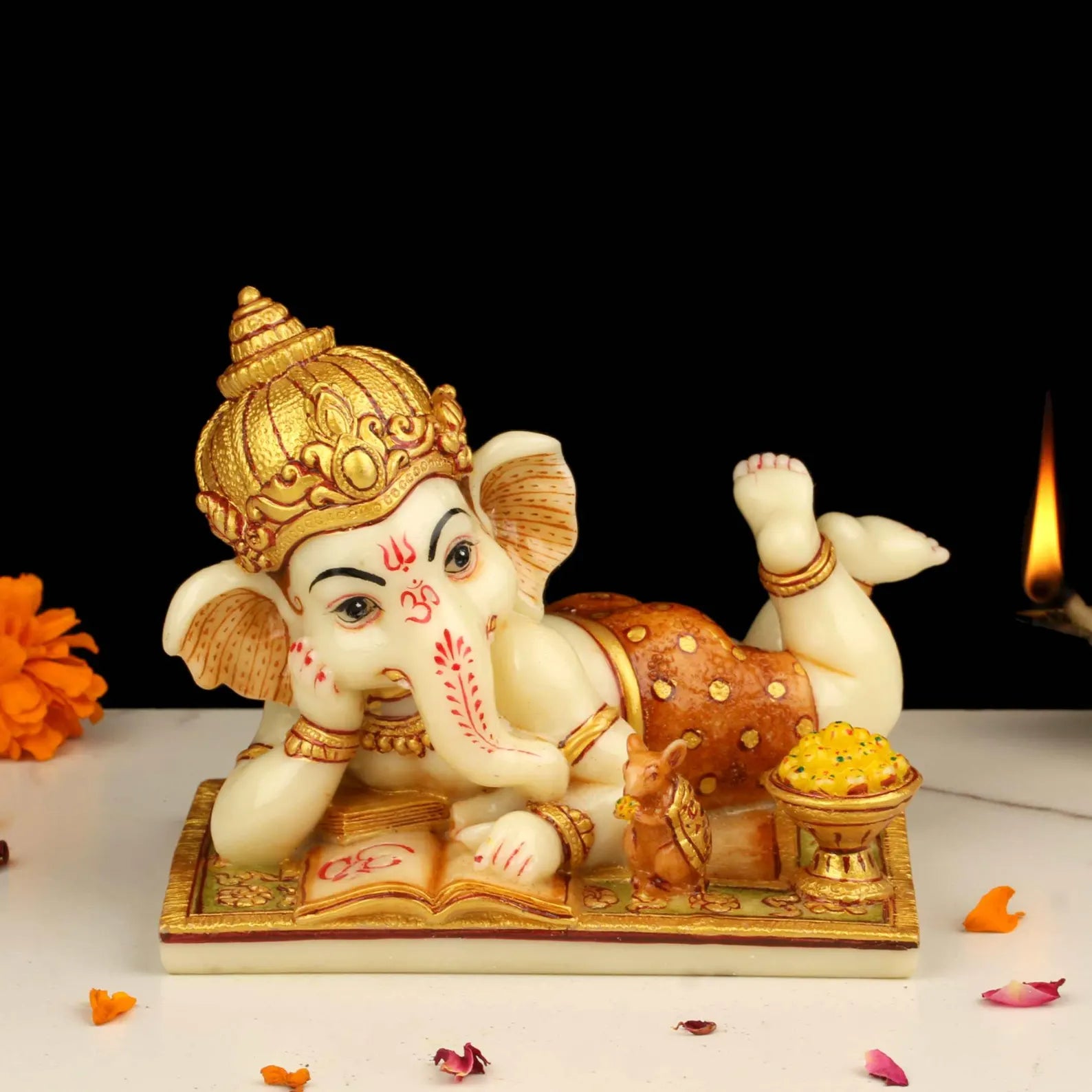 Baby Ganesh Fine Resin Idol 5 Inch | Hand-Painted Reading Ganesha Murti