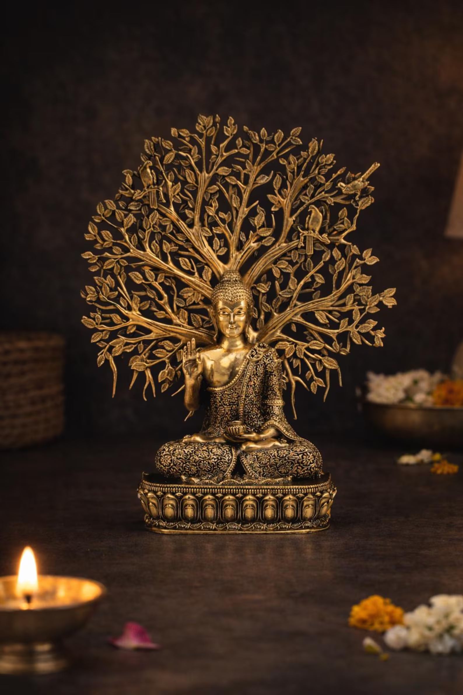 Brass Tree Buddha Idol – 6.5 Inch Handcrafted Meditation Statue