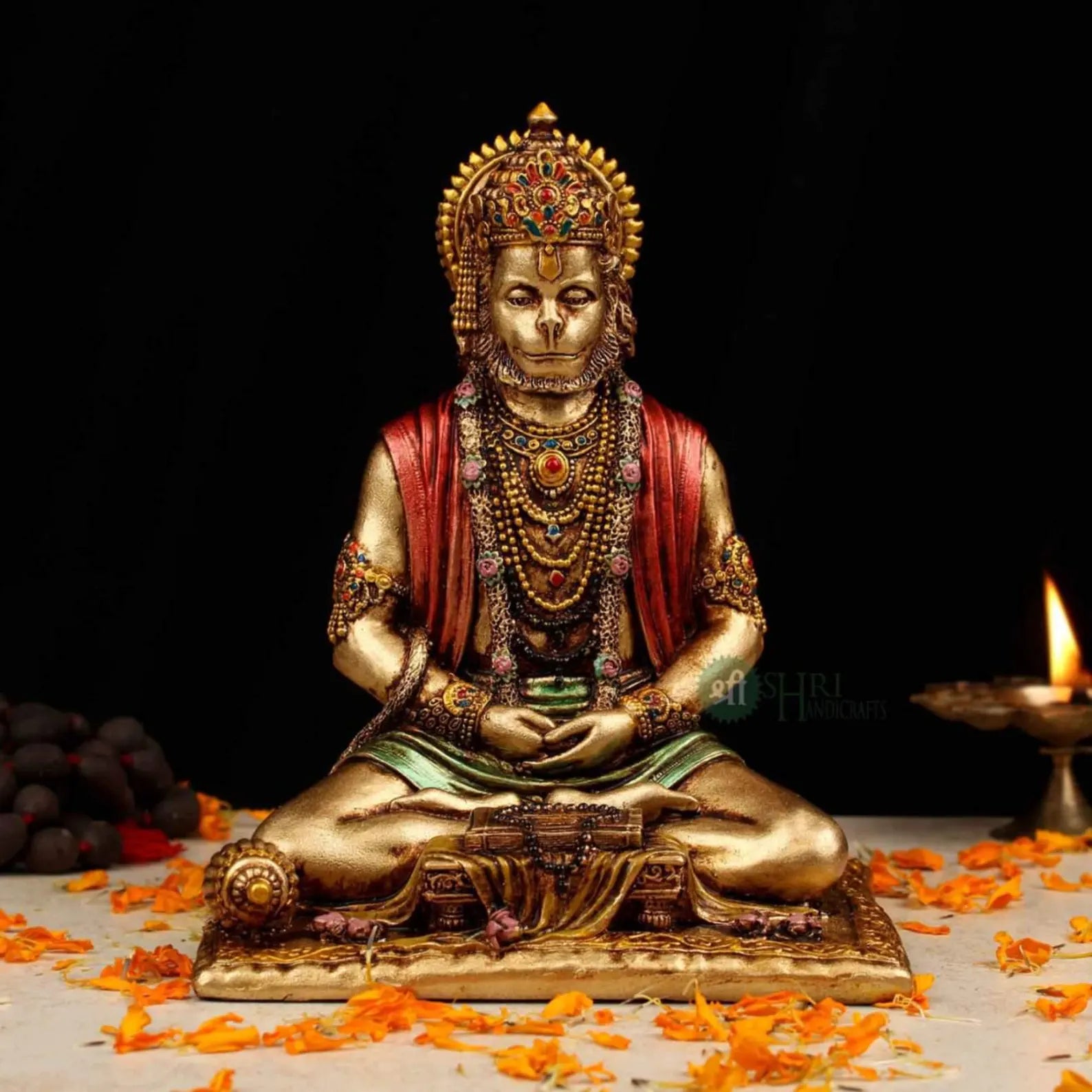Resin Meditating Lord Hanuman Idol with Copper Finish â€“ 8 Inch Hanuman Statue