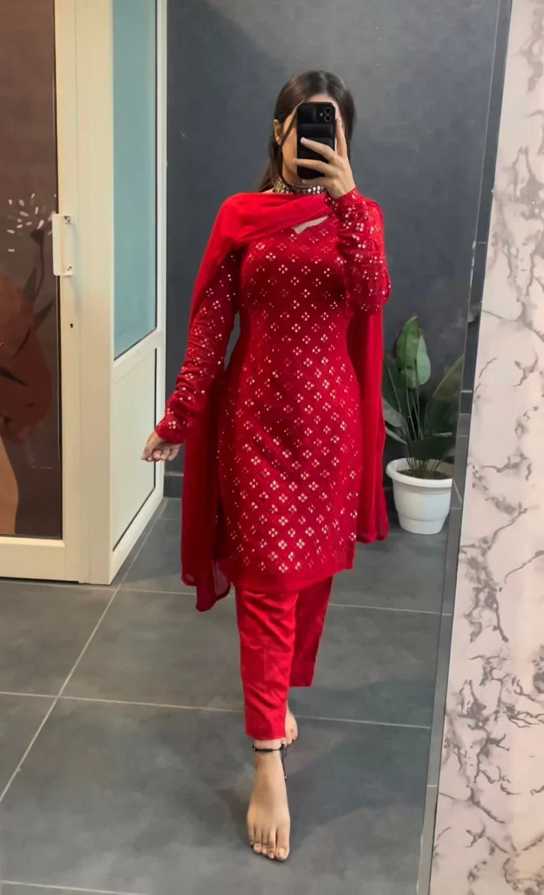 Women's Elegant Red Mirror-Work Kurta Set with Dupatta