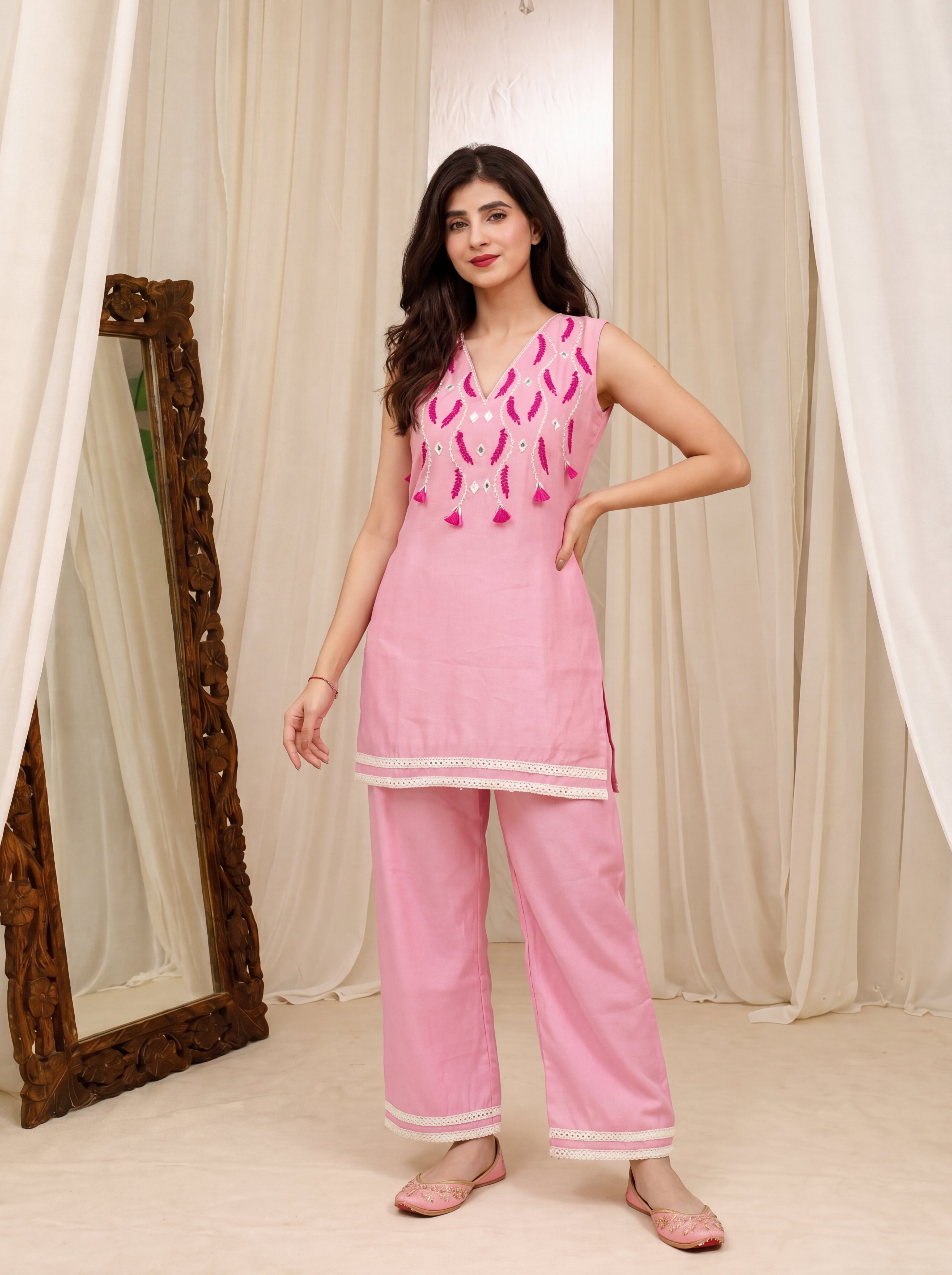 Women's Pink Roman Silk Mirror & Tassel Embroidered Kurti Co-Ord Set