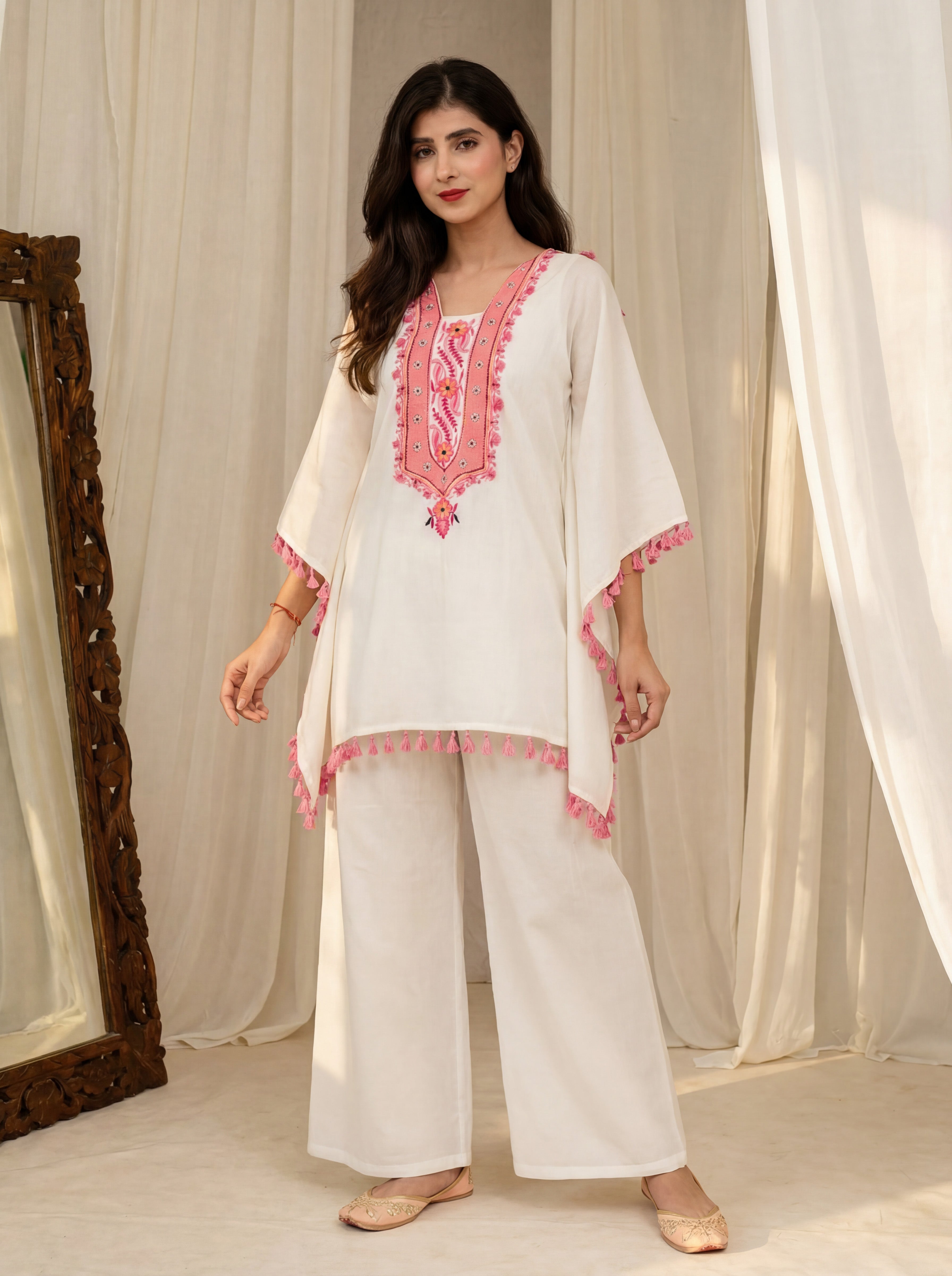 Women's White Roman Silk Embroidered Kaftan Set
