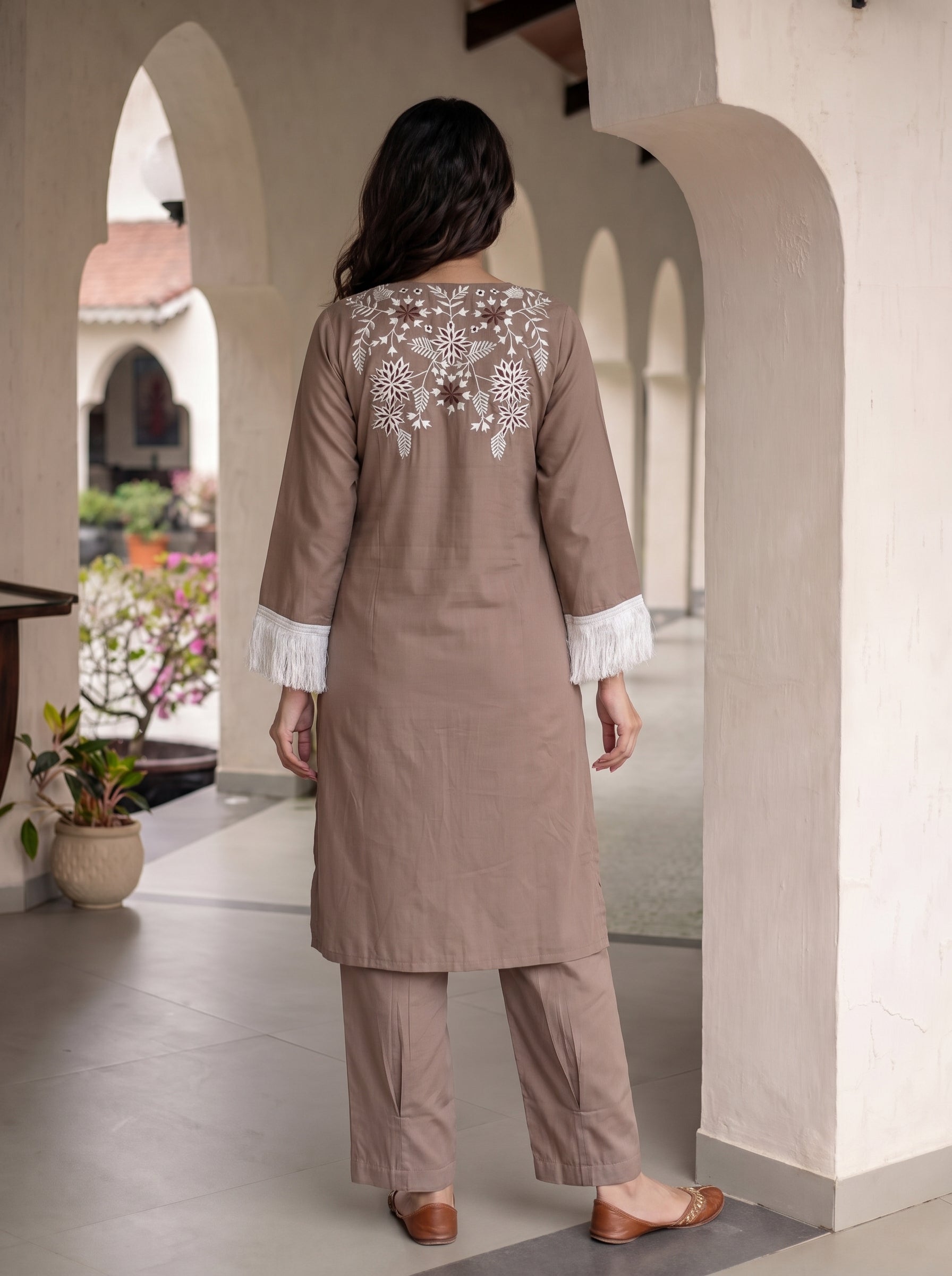 Women's Mocha Brown Roman Silk Floral Embroidered Co-Ord Set