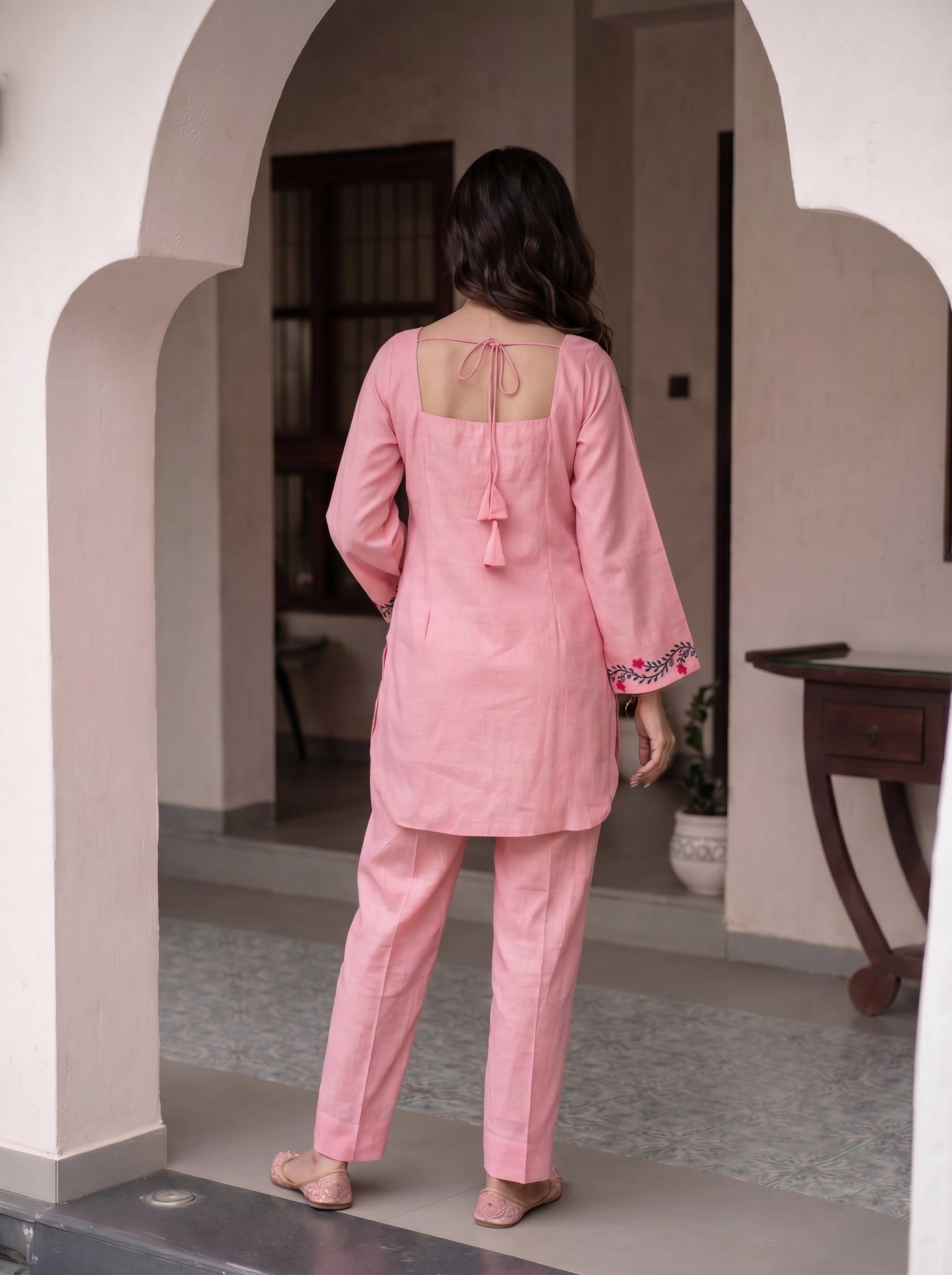 Women's Pink Roman Silk Floral Embroidered Kurti with Pant