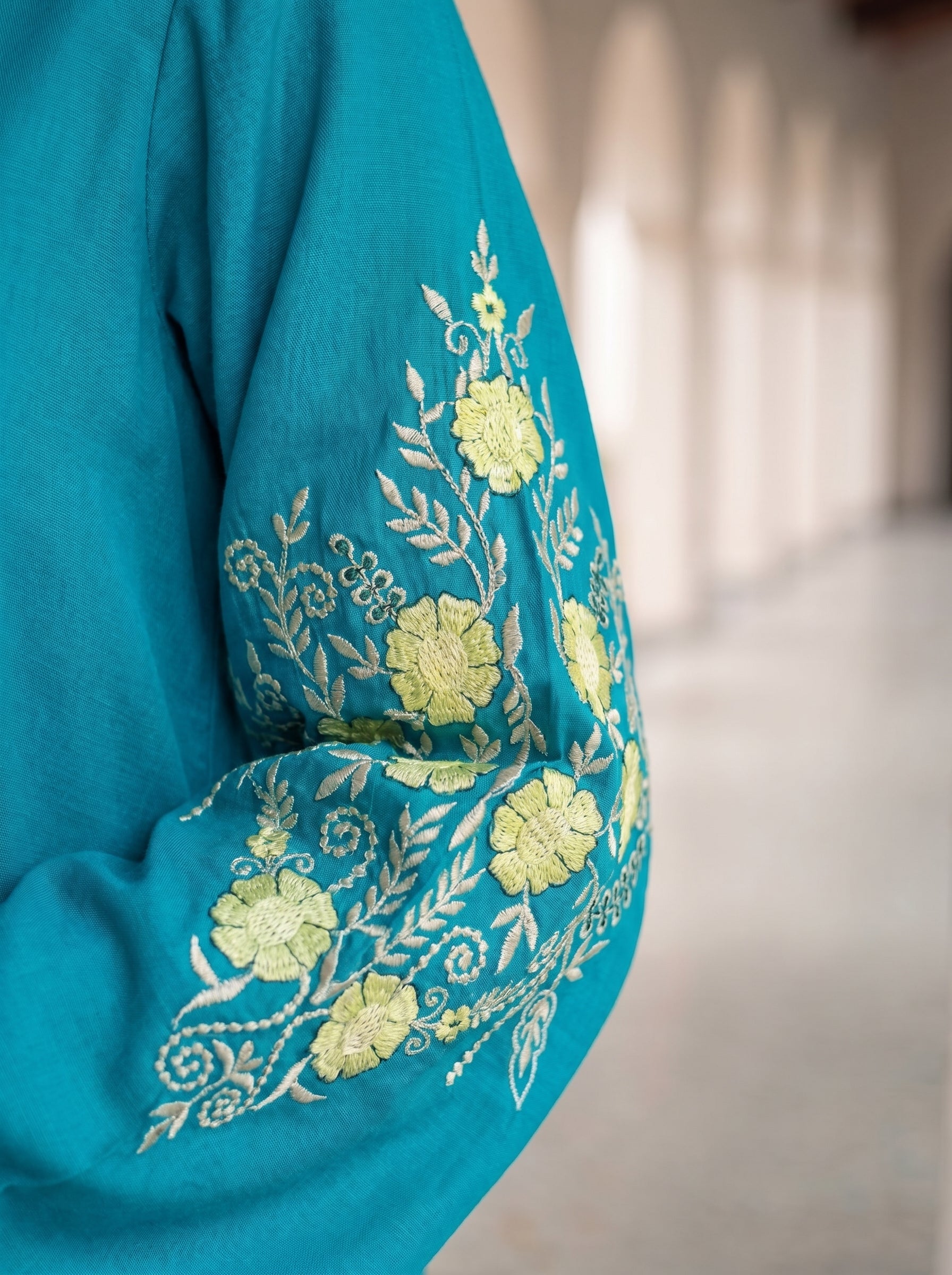 Women's Teal Blue Pure Muslin Floral Embroidered Sleeve Co-Ord Set