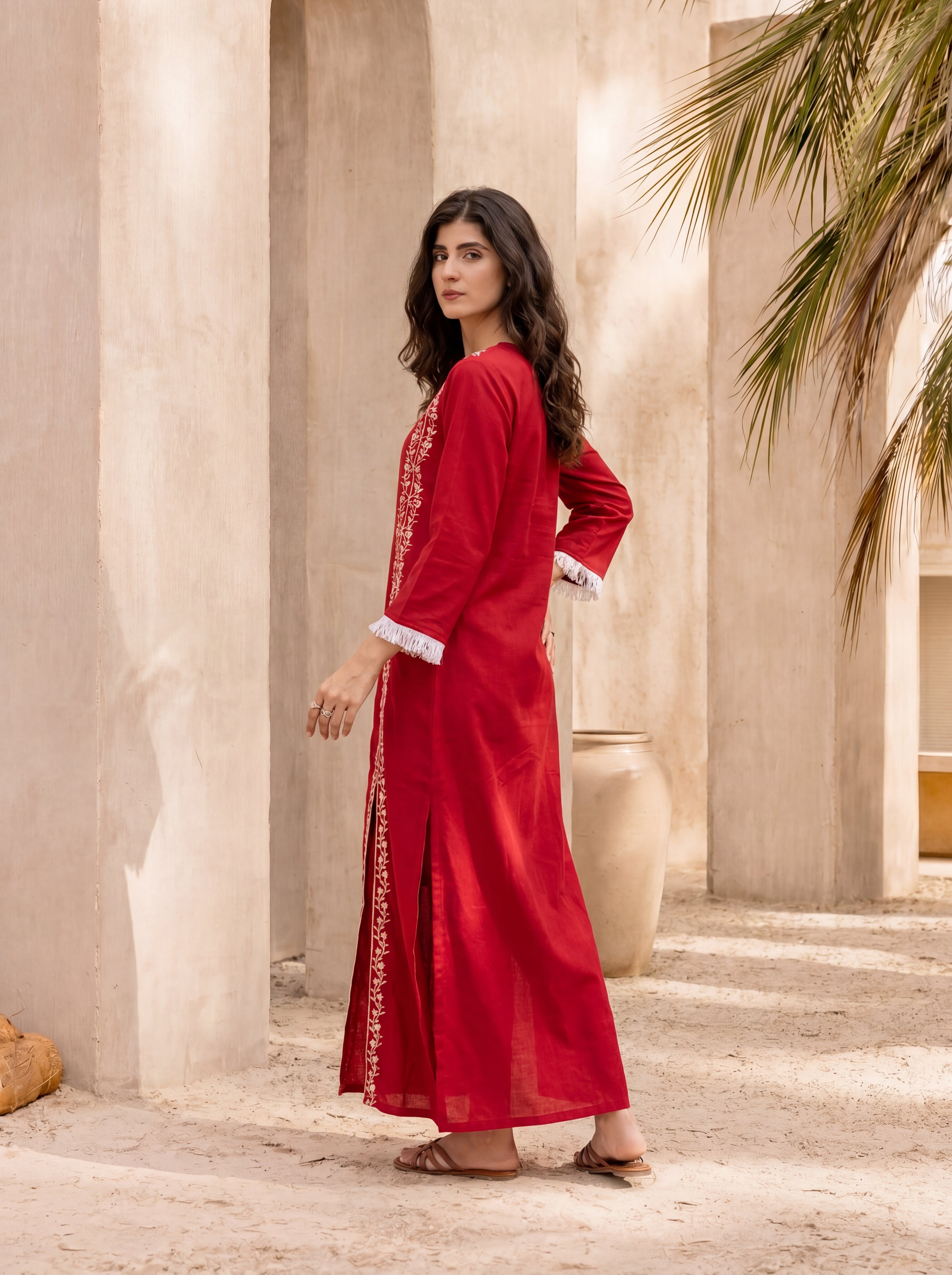 Women's Red Roman Silk Embroidered Maxi Dress