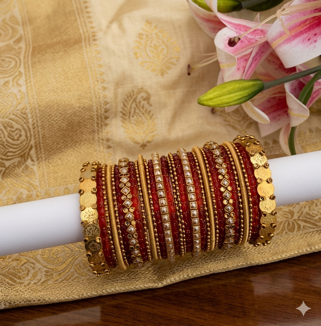 Women's Maroon & Antique Gold Bridal Bangle Set