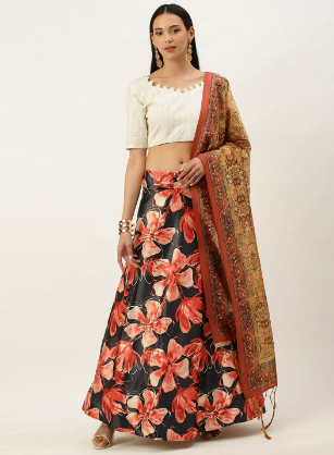 Women's Digital Print Shiney Satin Semistitched Lehenga Choli With Unstitched Blouse And Thred Work Dupatta