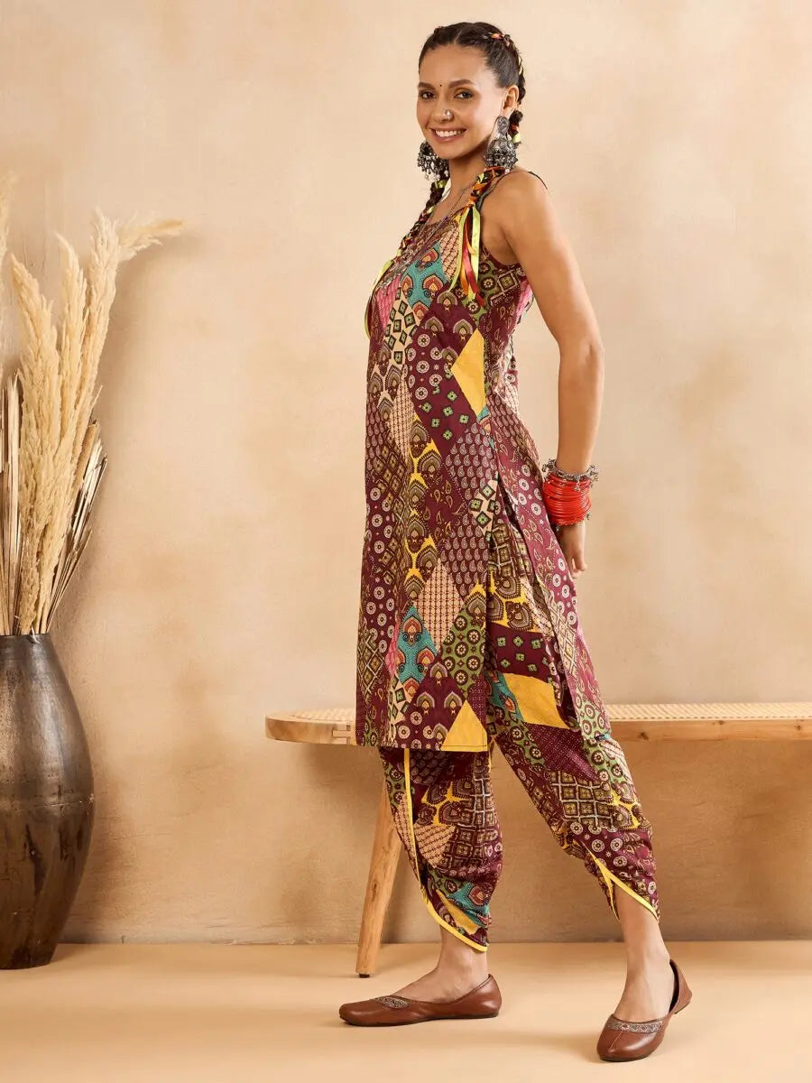 winered-woman-maroon-print-strap-kurta-dhoti-co-ord-set
