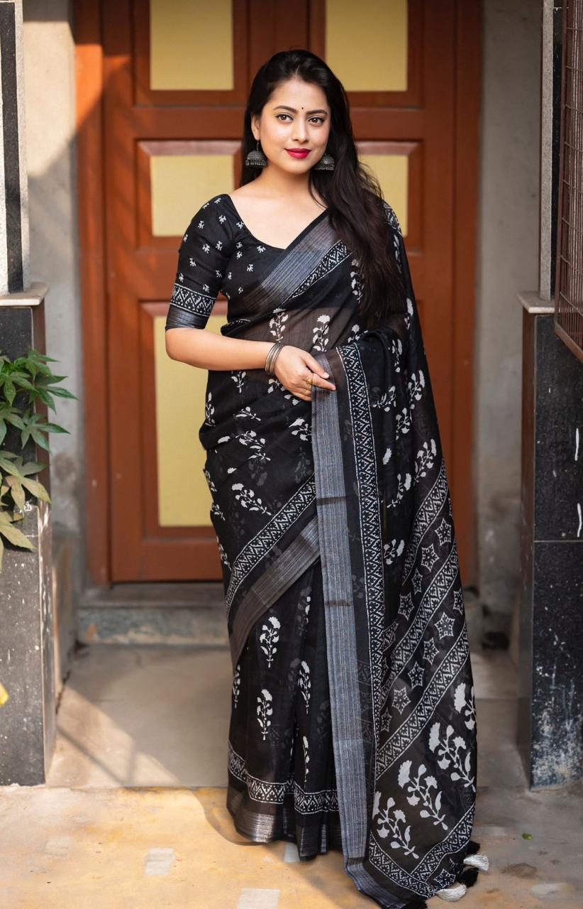 Women's Black Soft Linen By Linen Saree With Blouse