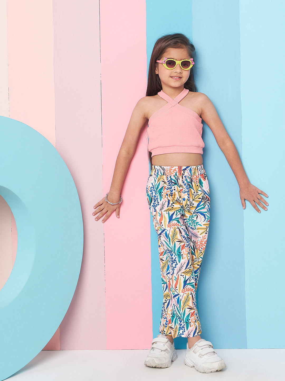 Girls Sleeveless Top With Tropical Printed Trouser