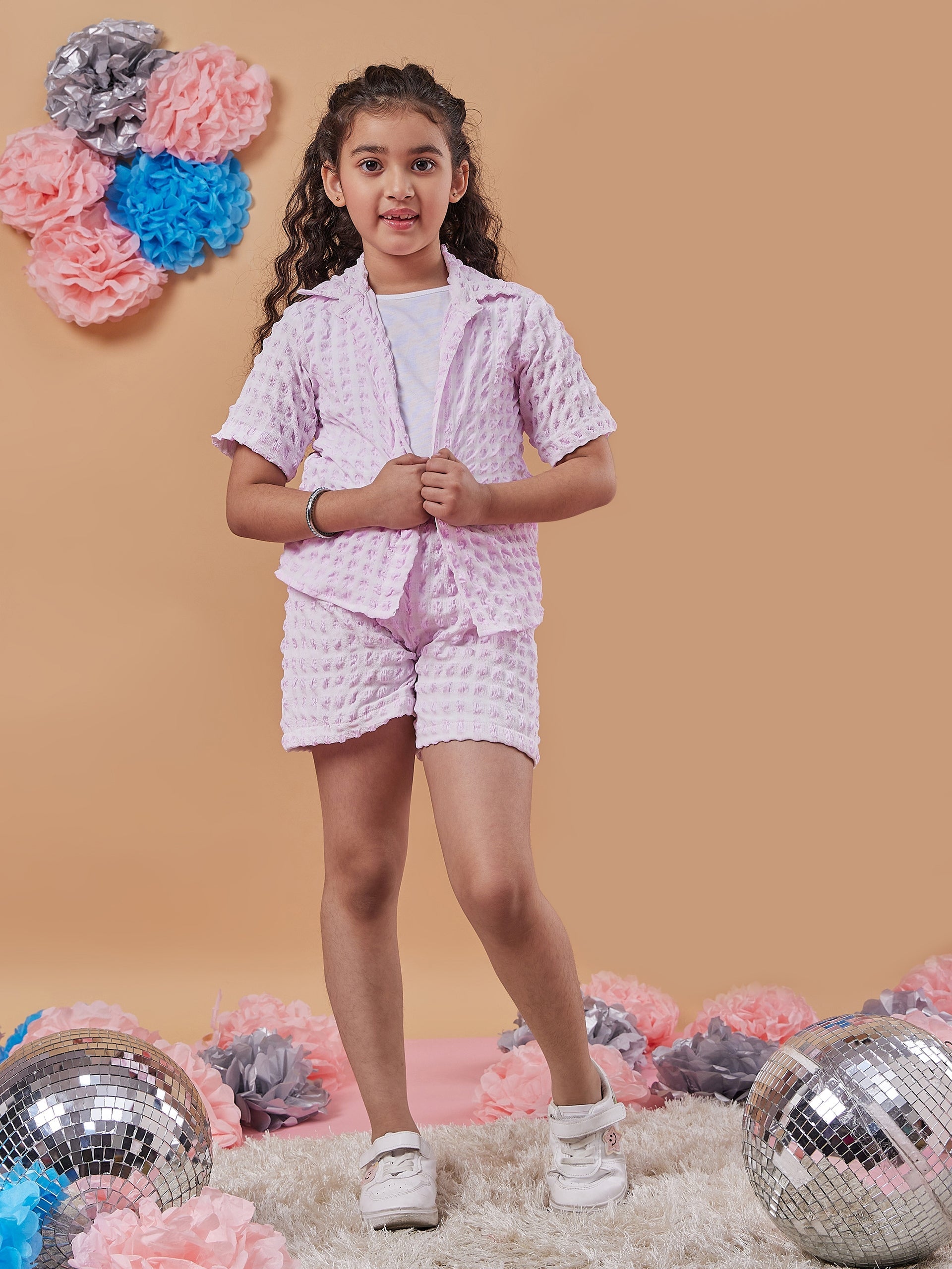 Girls Self Design Shirt With Shorts