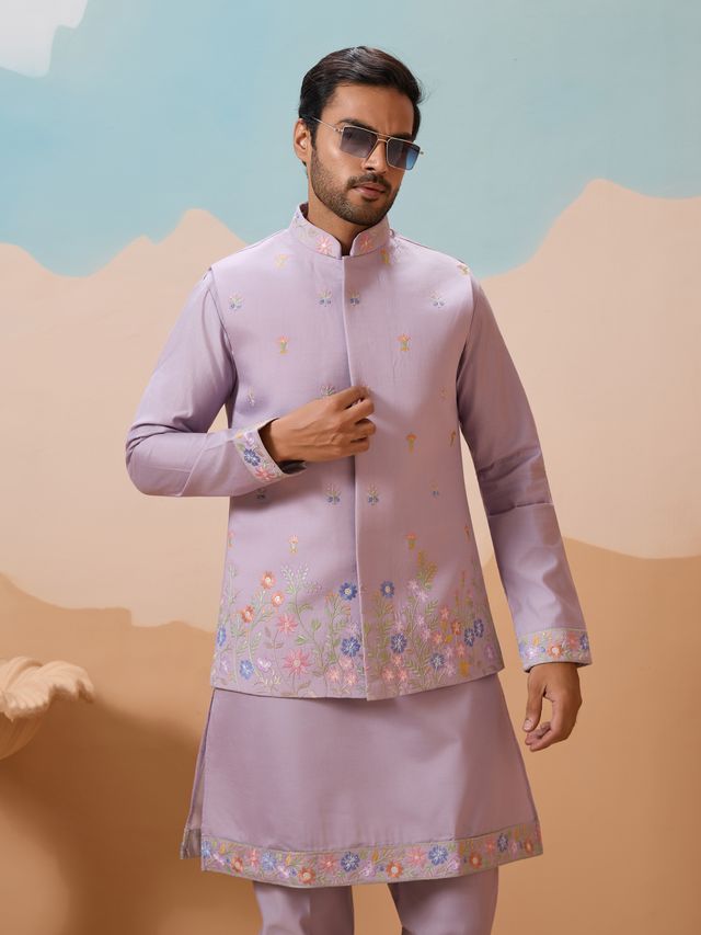 Men's Lavender Viscose Silk Multi Thread With Sequence Embroidered Work Kurta Set