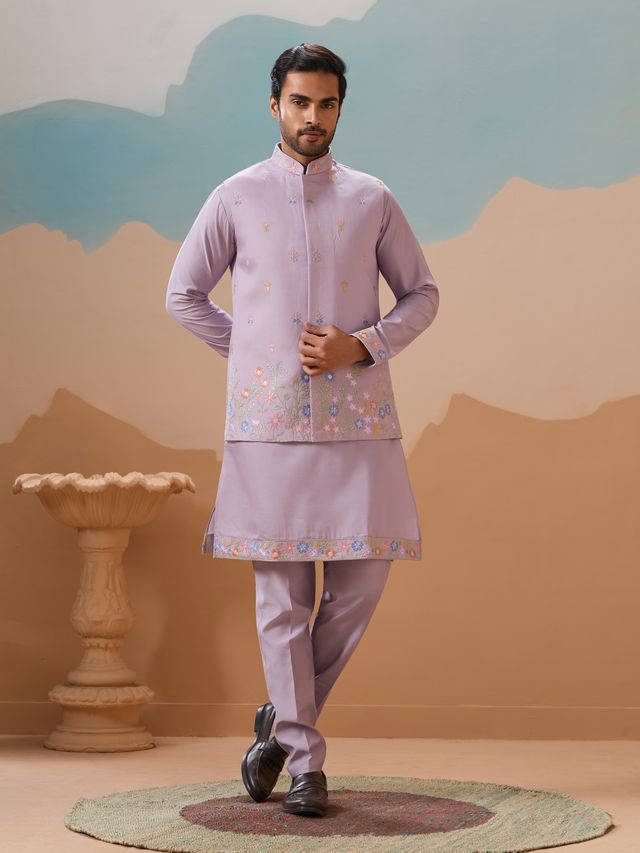 Men's Lavender Viscose Silk Multi Thread With Sequence Embroidered Work Kurta Set