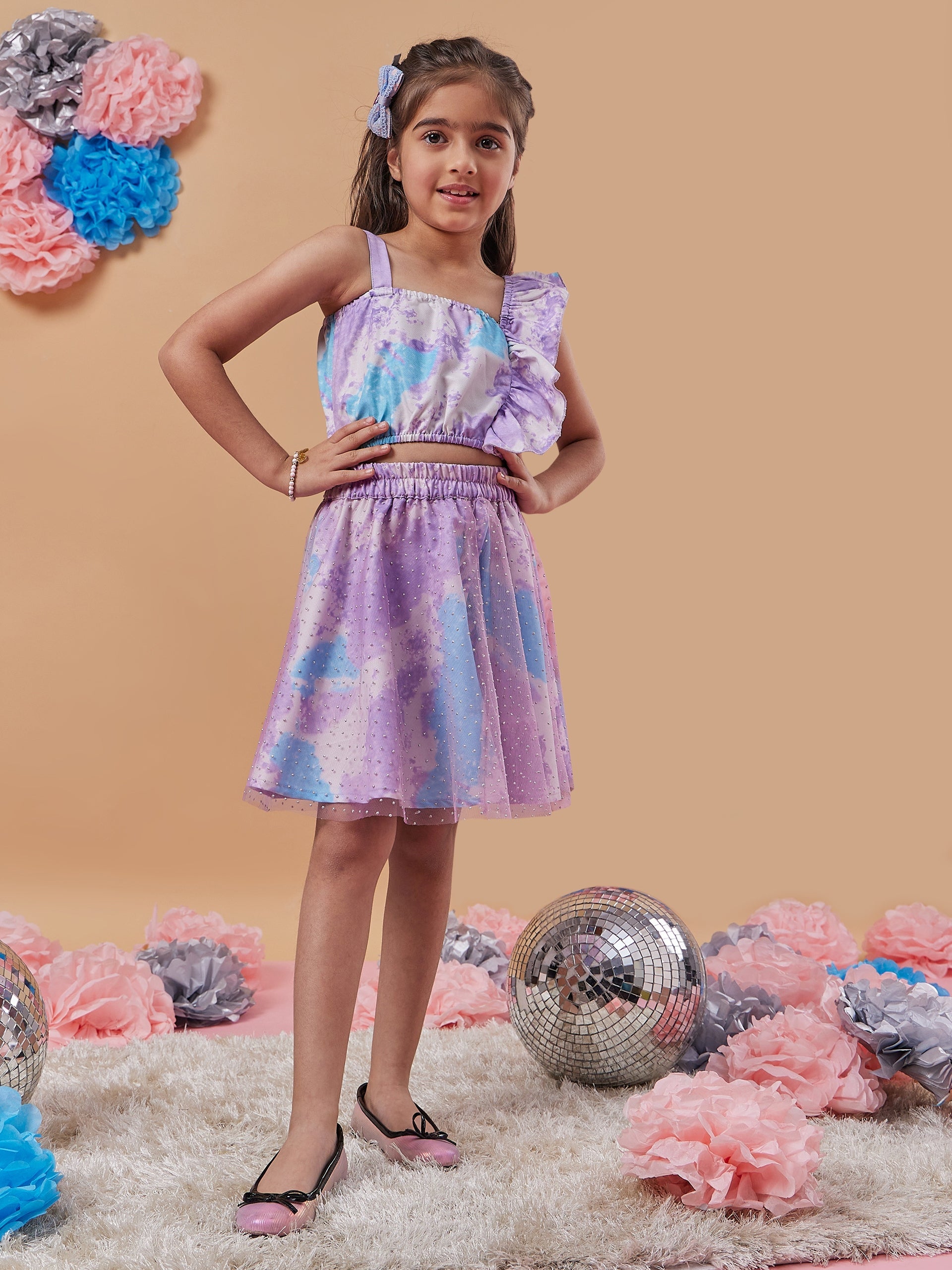 Girls Shoulder Straps Printed Top With Skirt