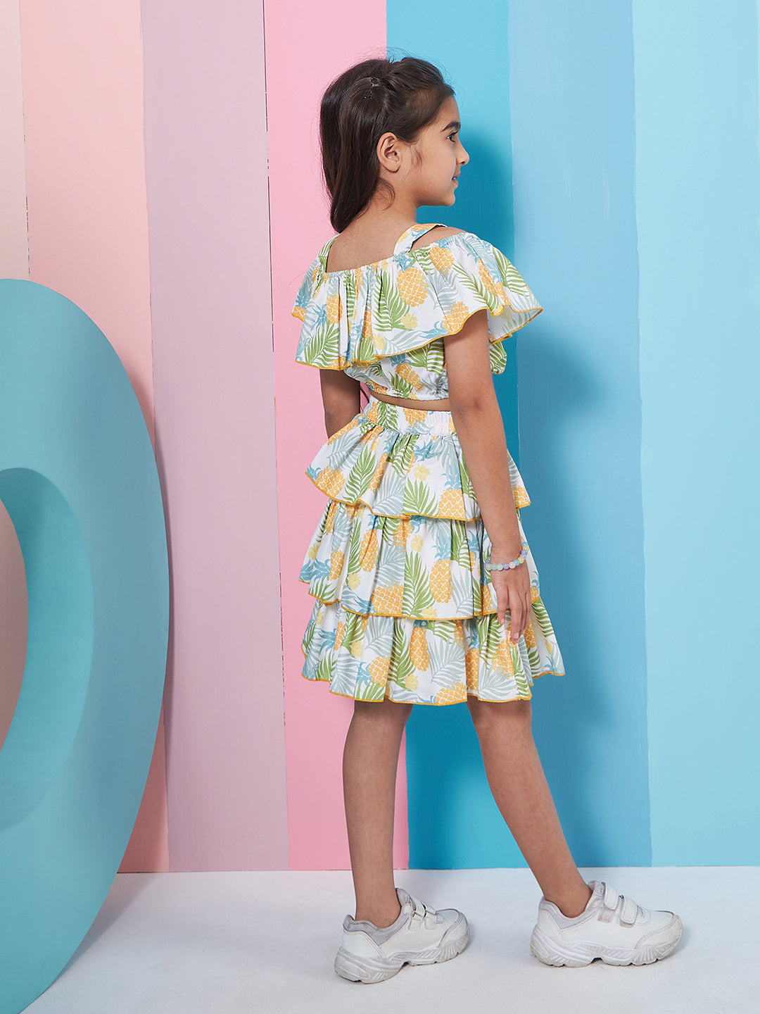 Girls Tropical Printed Crop Top With Layered Skirt