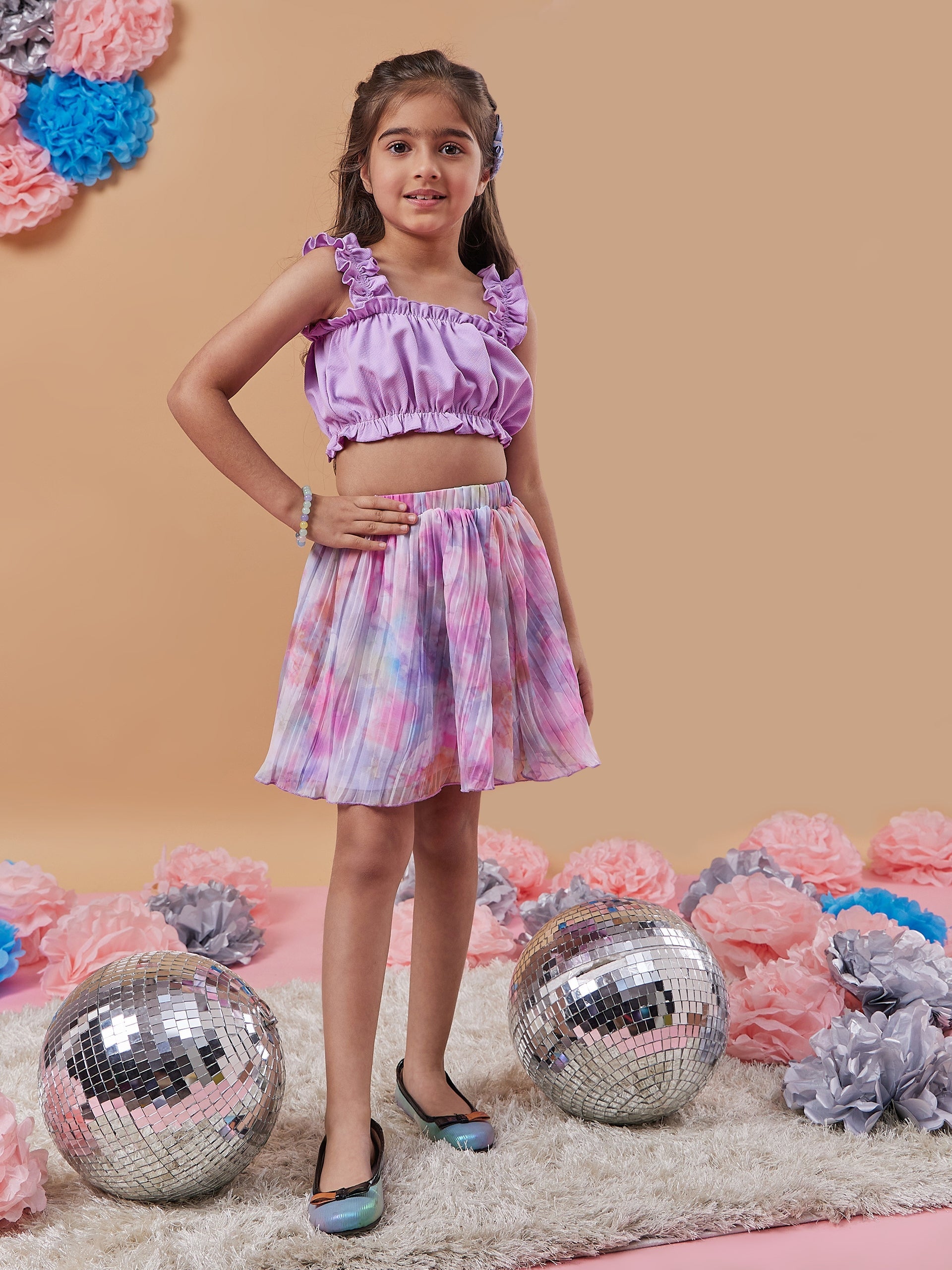 Girls Square Neck Sleeveless Top With Skirt
